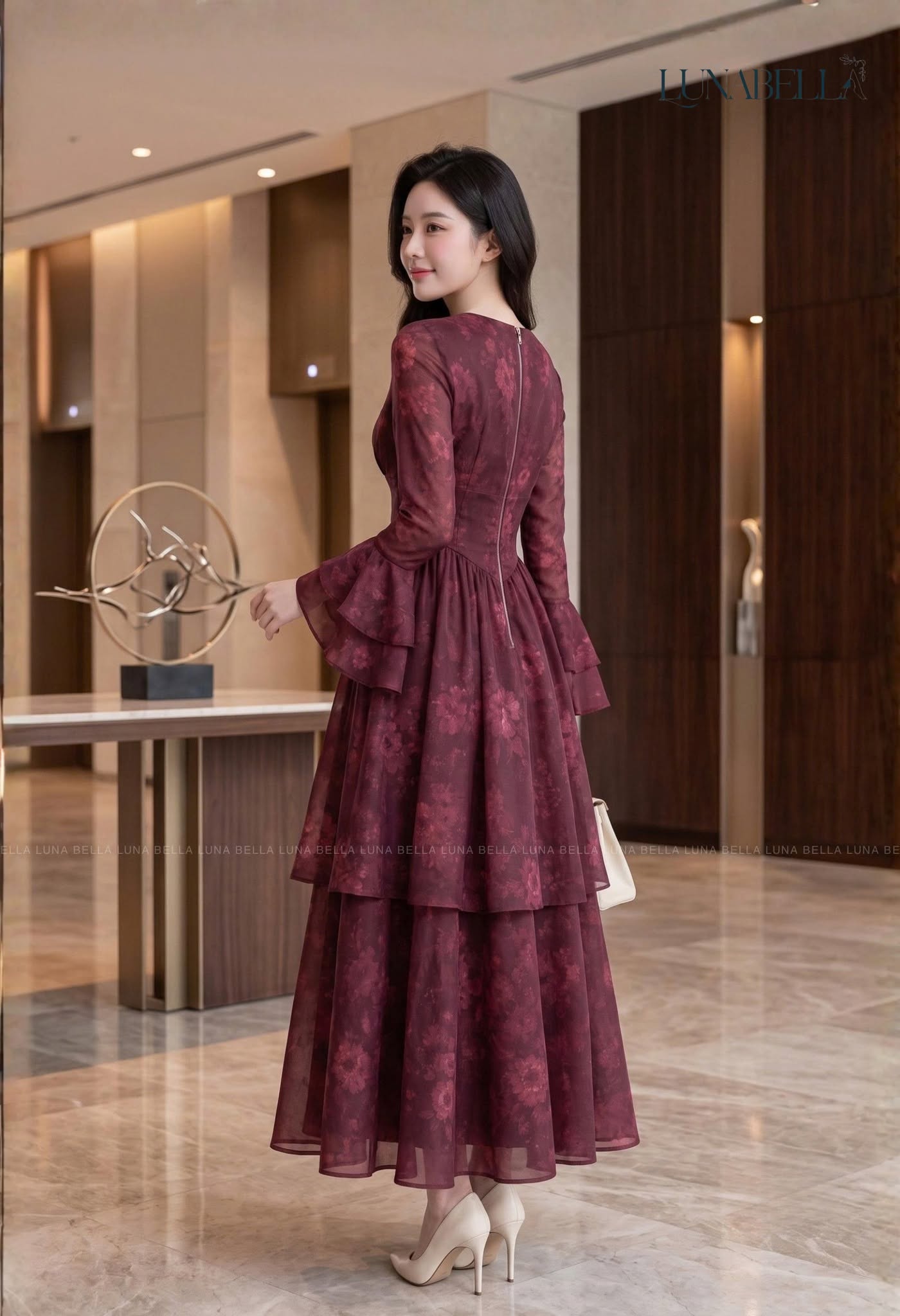 Váy dài tầng tay loe DALIA màu ĐỎ