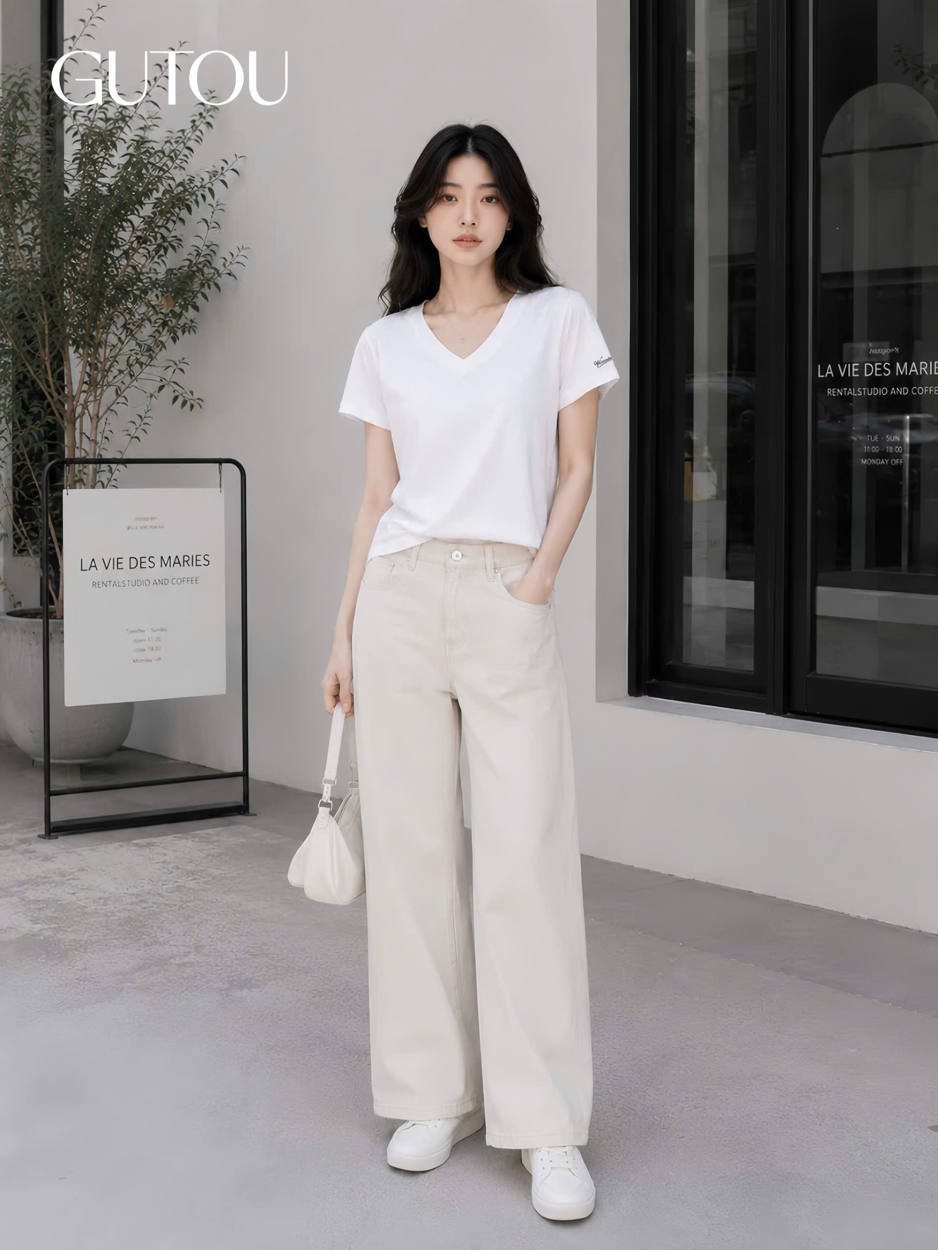 [ GUTOU ] Áo Thun Tay Ngắn Cổ V Tay Thêu Chữ Basic