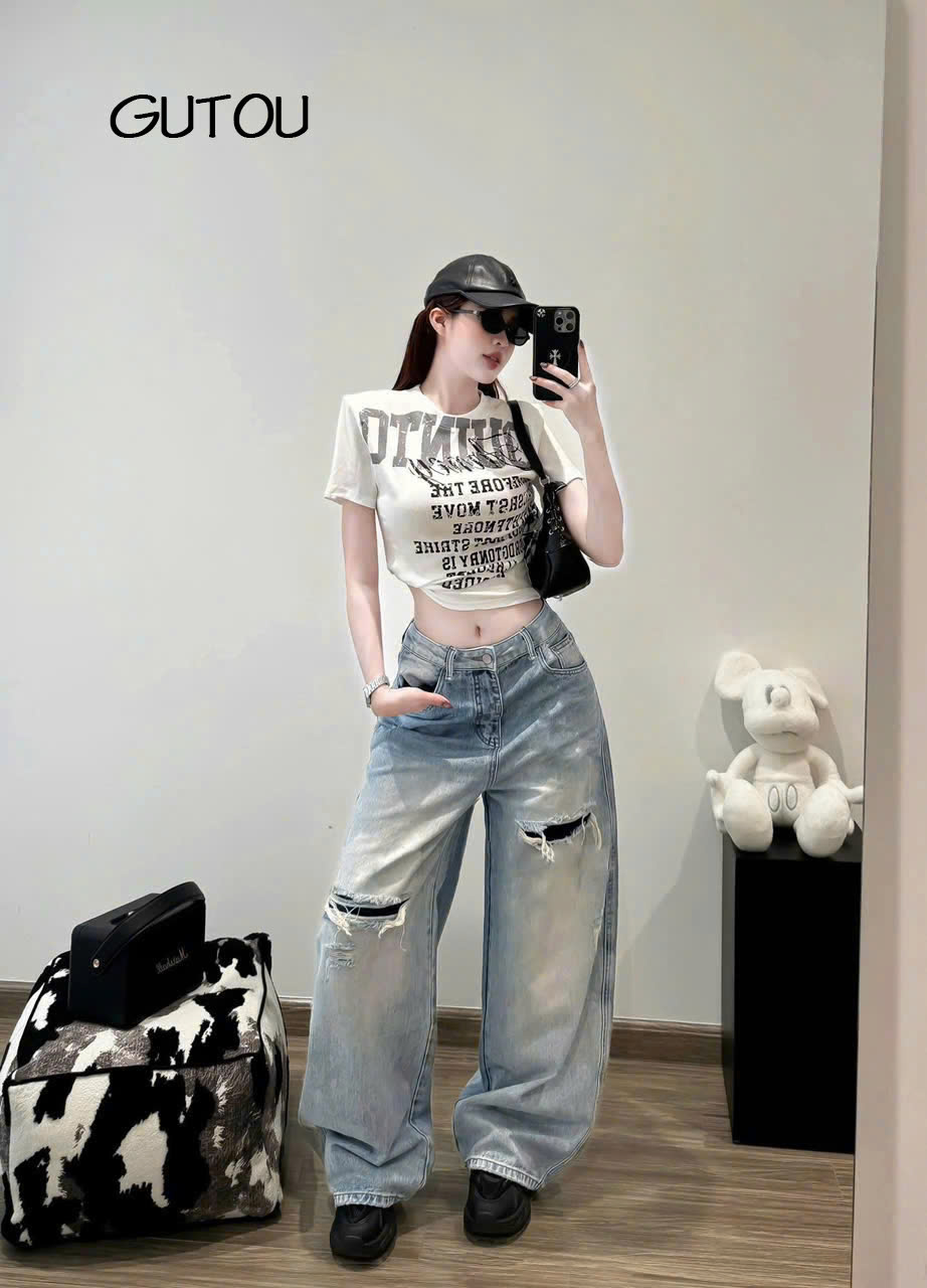 [ GUTOU ] Quần Jean Baggy Wash Sáng Rách Gối Casual Street