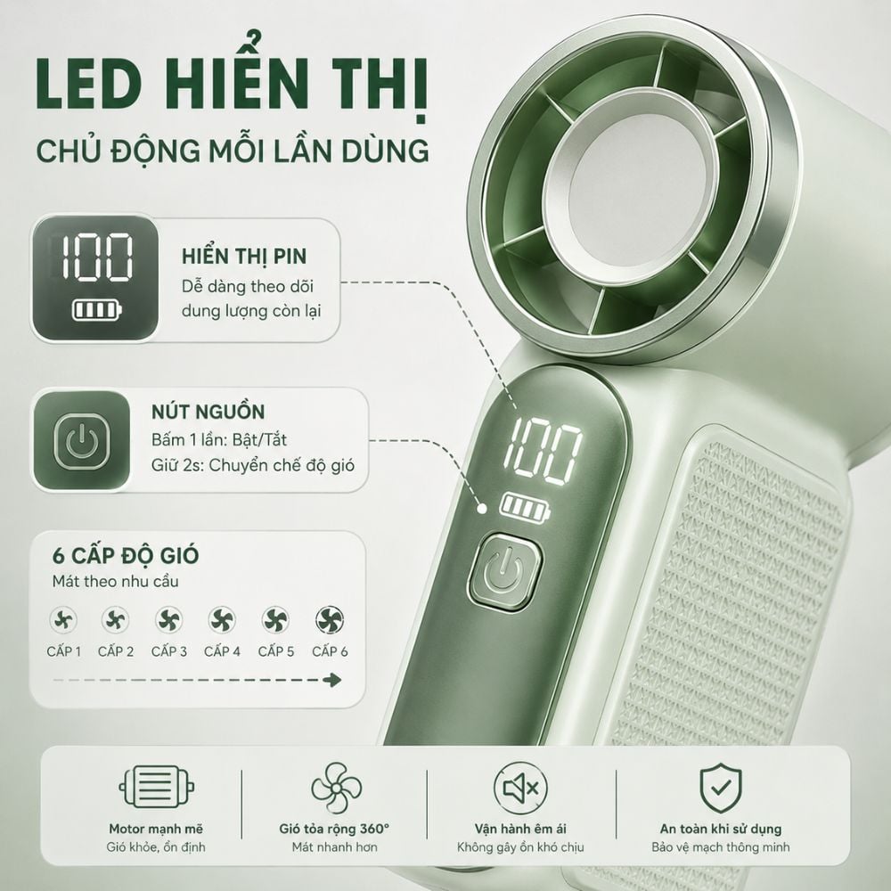 Quạt Cầm Tay Mini Kachi MK441 - Pin Khủng 3000mAh, Màn Hình LED Hiển Thị, 6 Cấp Độ Gió (Bảo Hành 18 Tháng)_thumbnail_4