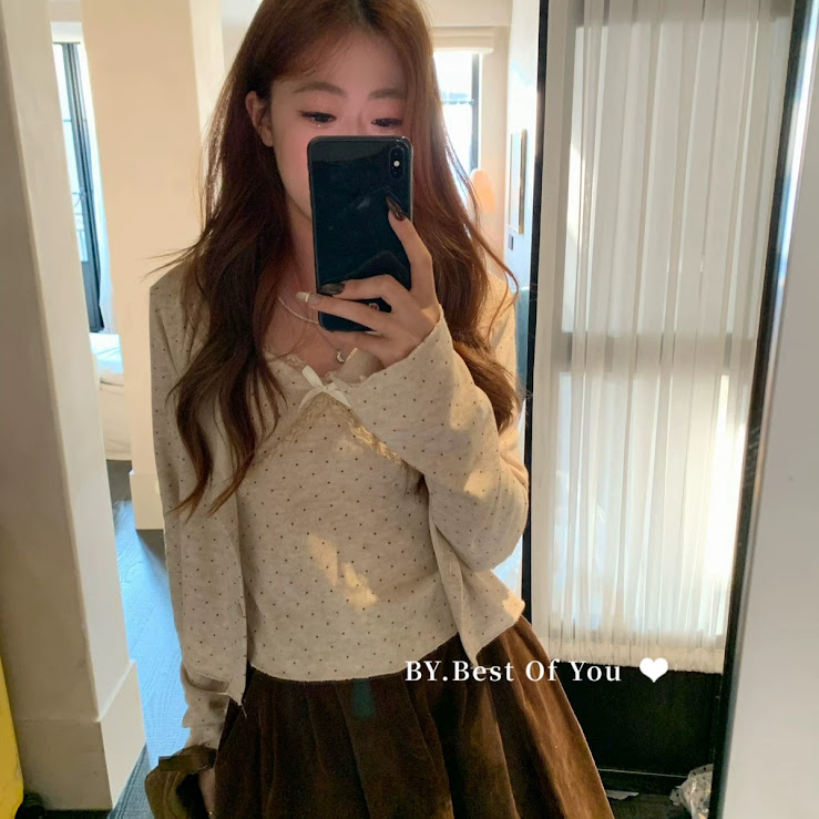 Lucas - Set áo 2 dây chấm bi pha viền ren chéo ngực đính nơ + áo khoác cardigan cài cúc_thumbnail_1