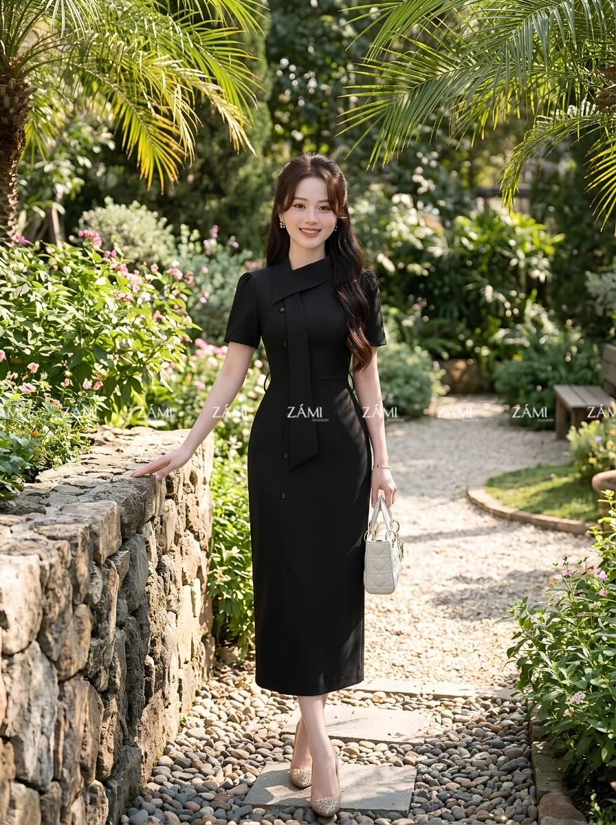 G55 - Đầm Cổ Lệch Cài Nơ Thanh Lịch