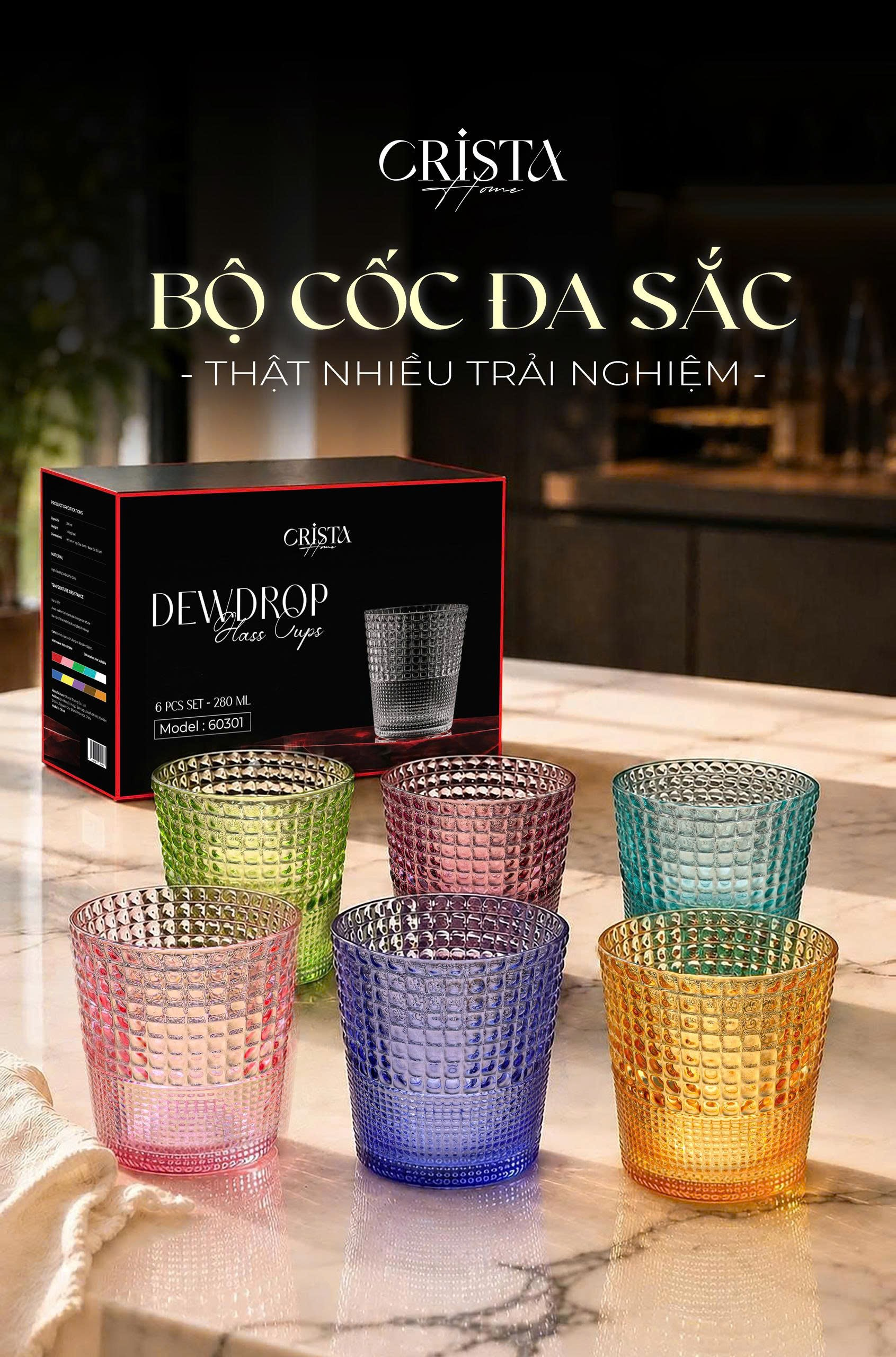 BỘ 6 CỐC THỦY TINH VÂN HẠT SƯƠNG MAI 280ML CRISTA HOME
