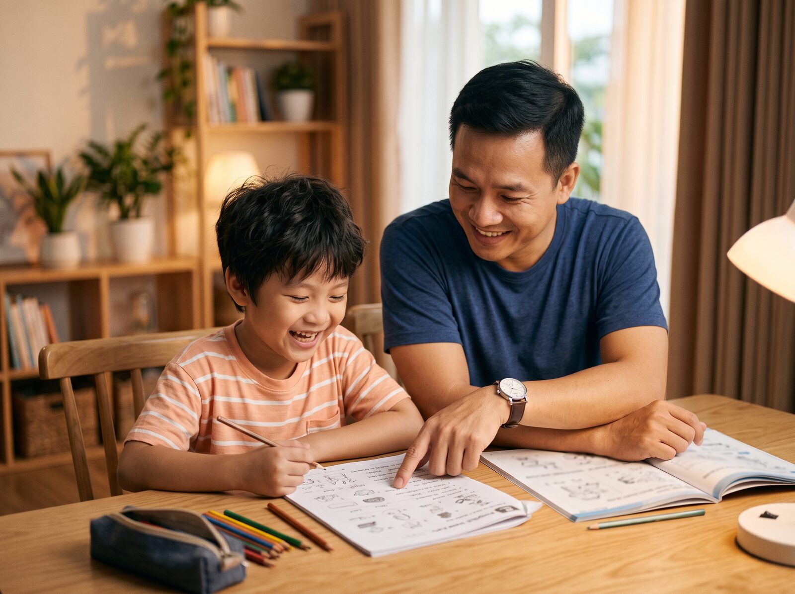 Ba và con cùng làm bài tập Tiếng Anh tại nhà