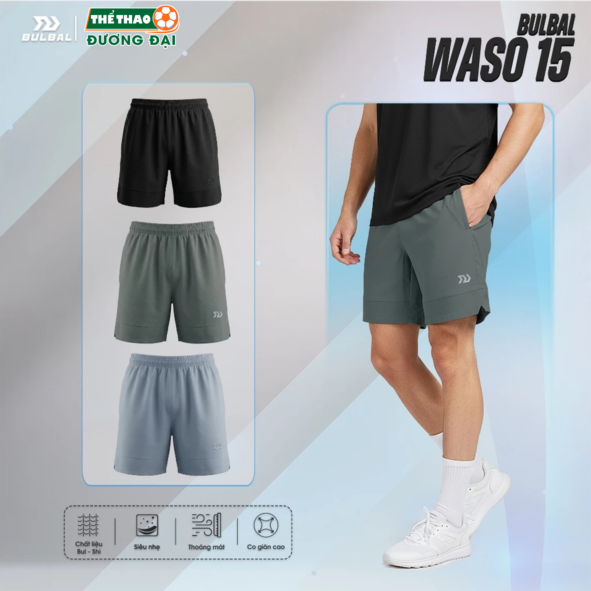 Quần Short Thể Thao Nam Bulbal Waso 15 Chất Vải Nhẹ Thoáng Đàn Hồi Thể Thao Đương Đại