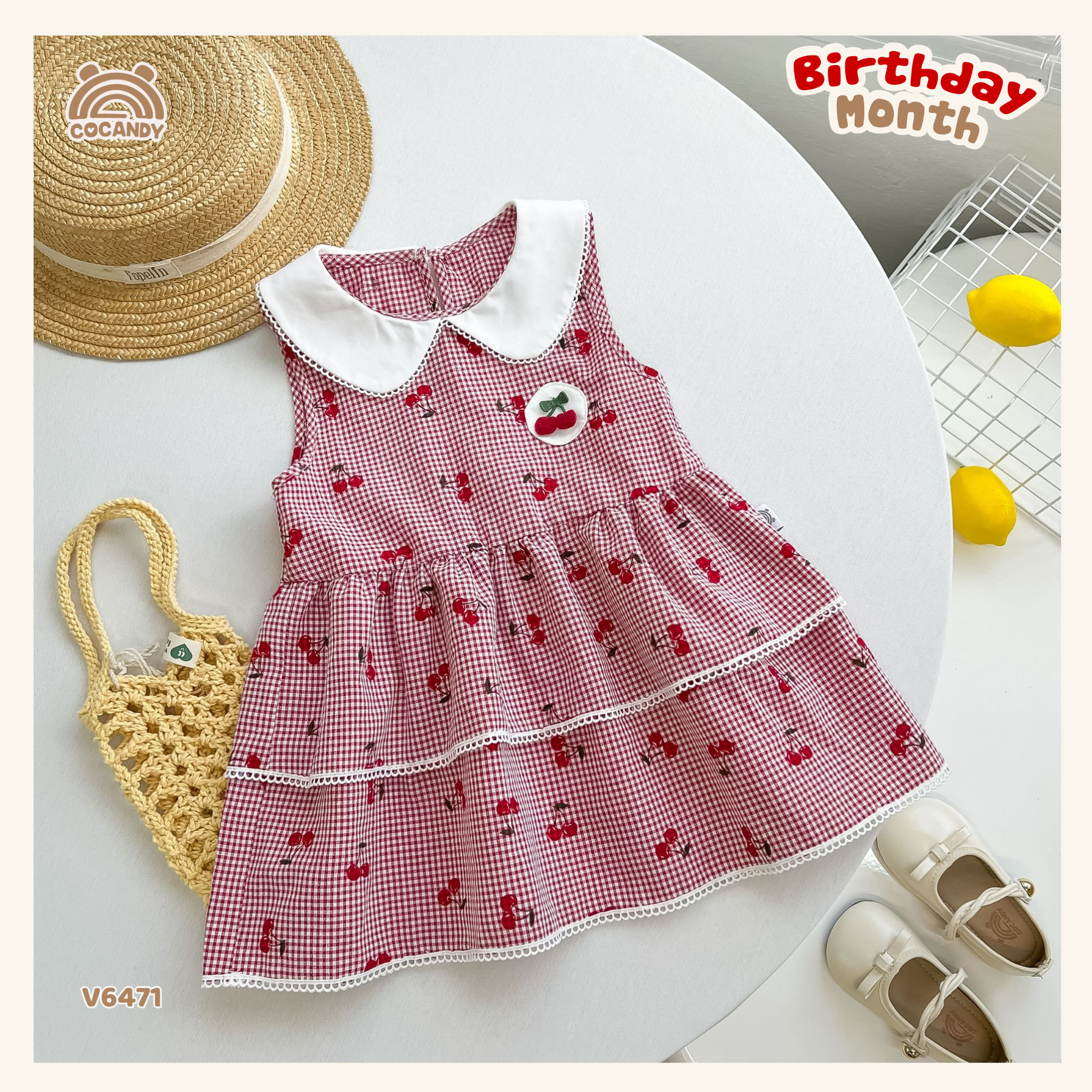 Váy sát nách thô caro ĐỎ hình cherry phối cổ sen