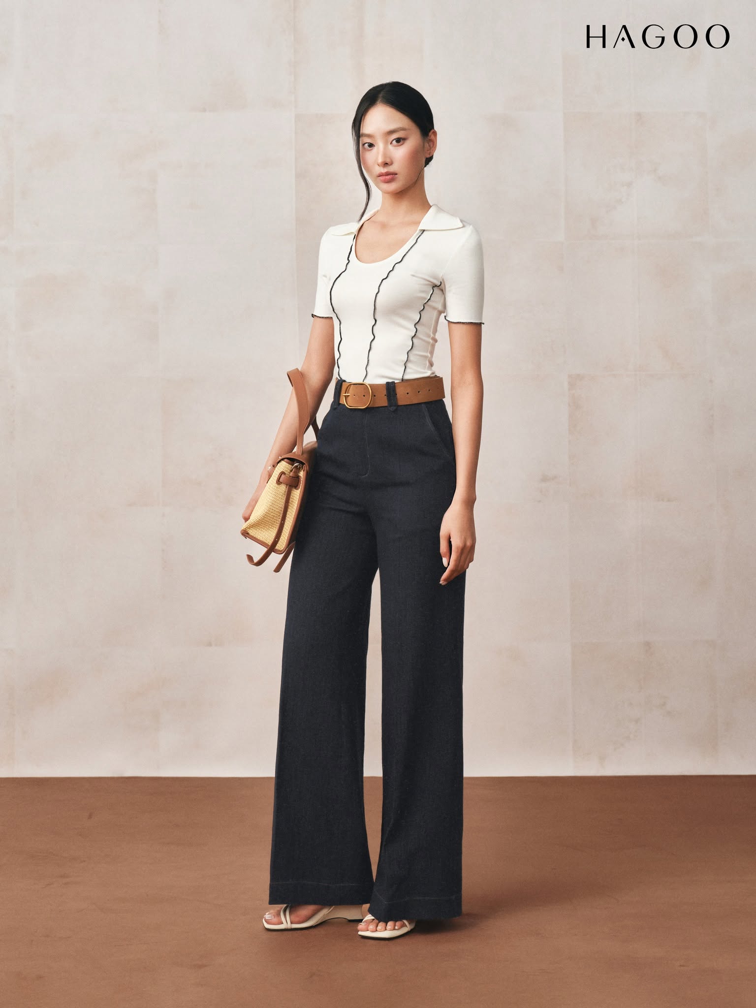 HAGOO flared denim wide-leg pants with slanted pockets