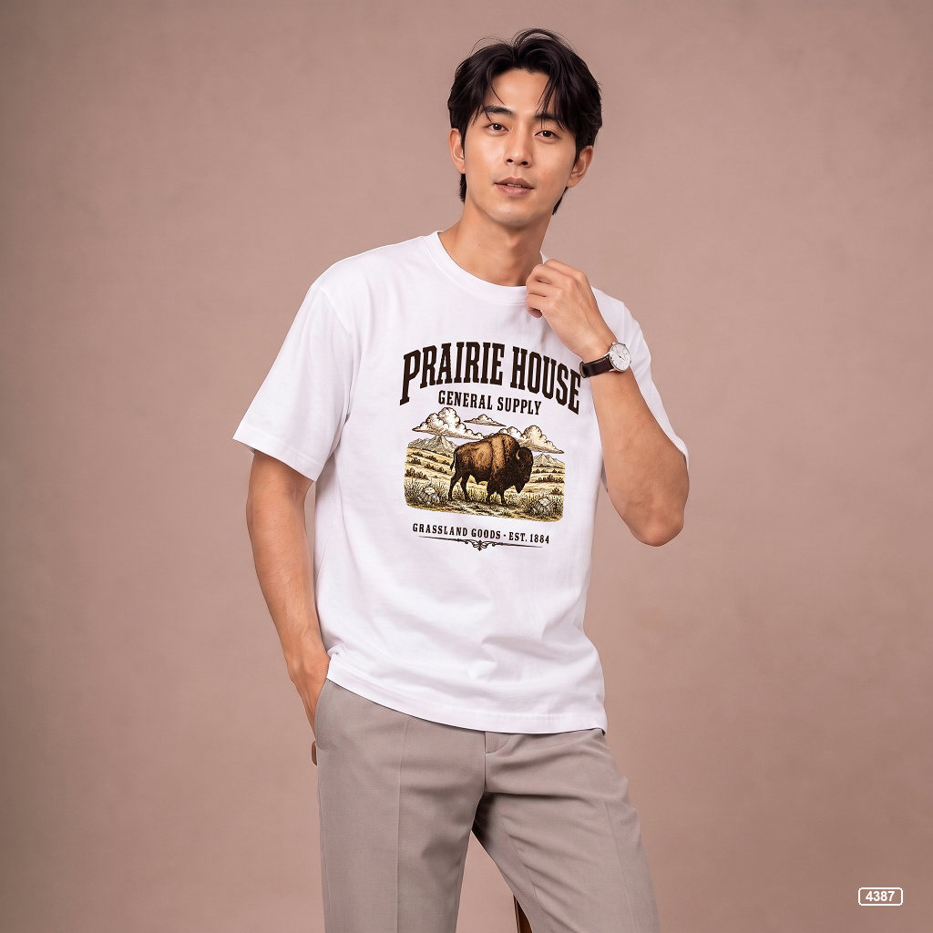 Áo thun nam Prairie House Buffalo form rộng vintage TeePrint 4387_thumbnail_7