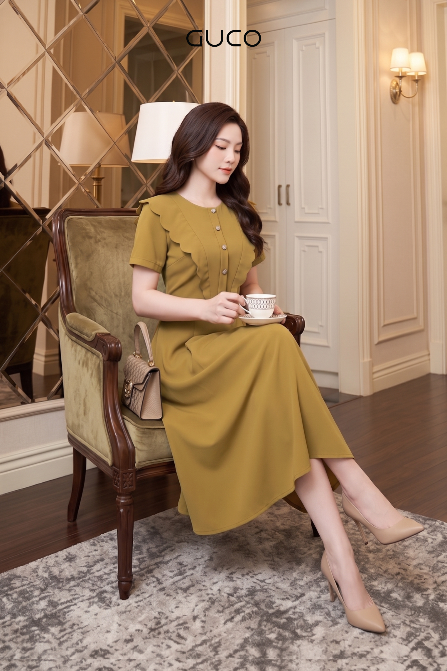 Đầm Xòe Vàng Cổ Tròn Phối Bèo Đính Nút_thumbnail_1