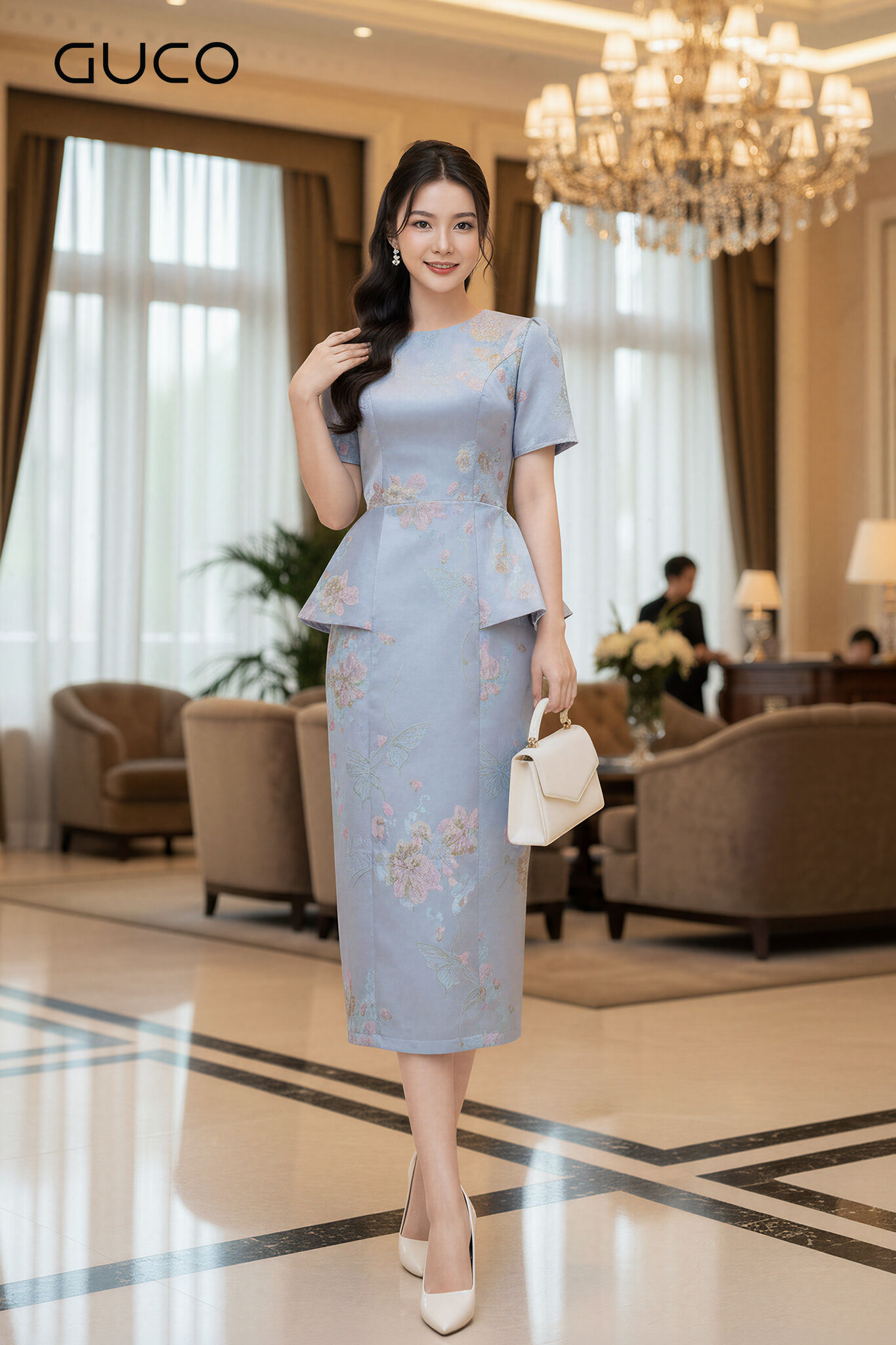 ĐẦM GẤM PEPLUM DỰ TIỆC CỔ TRÒN - XANH 5085