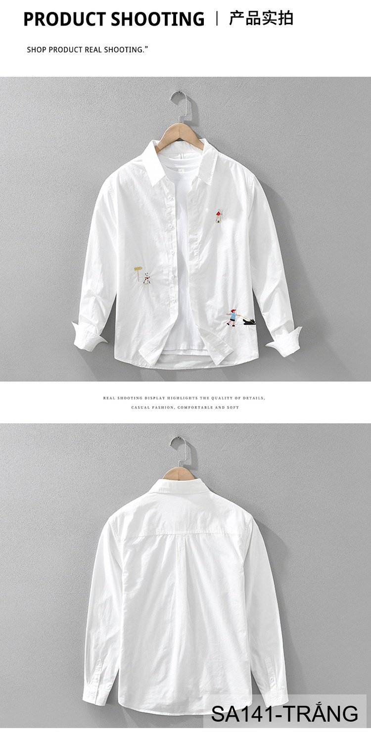 SA141 - Áo sơ mi nam phong cách Nhật Bản tay dài thêu họa tiết đáng yêu chất cotton trắng_thumbnail_10