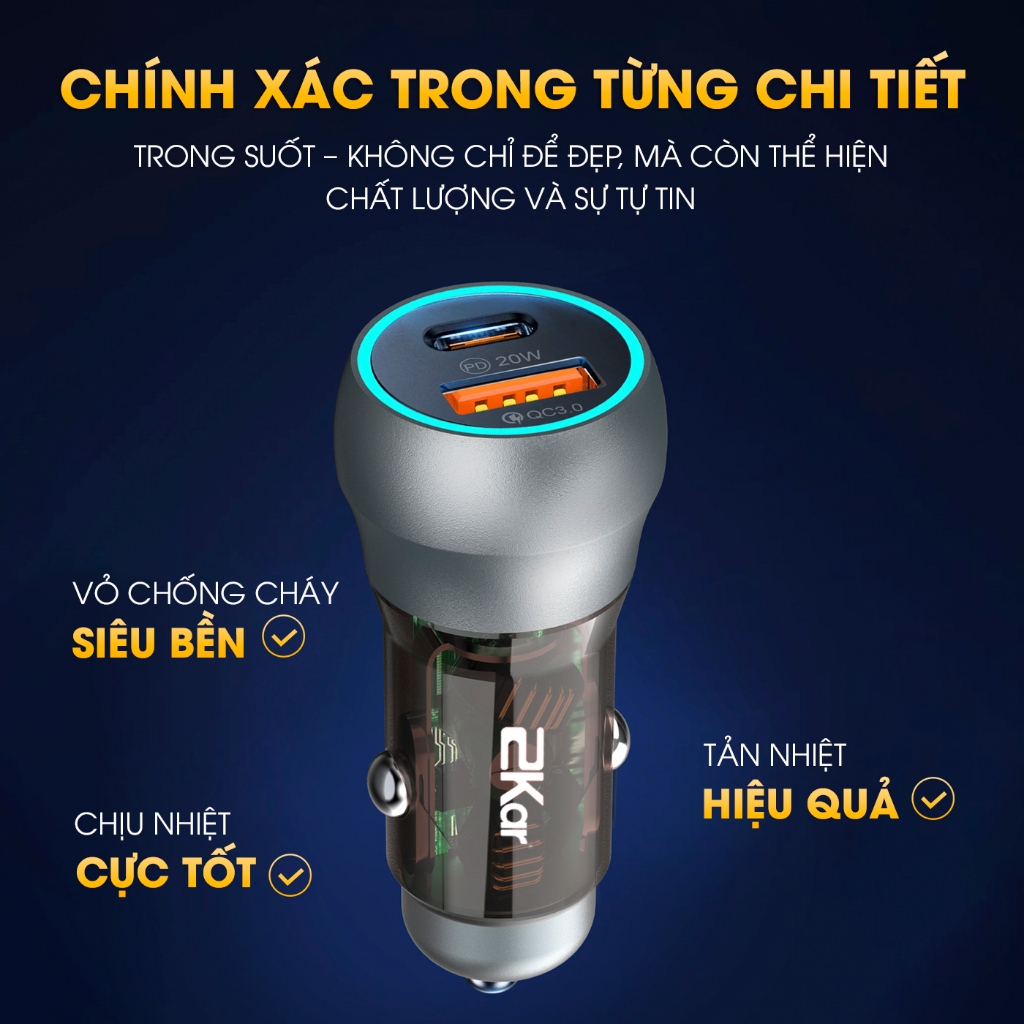 Tẩu Sạc Nhanh Ô Tô 2Kar 38W 2 Cổng USB & Type-C Chính Hãng_thumbnail_5