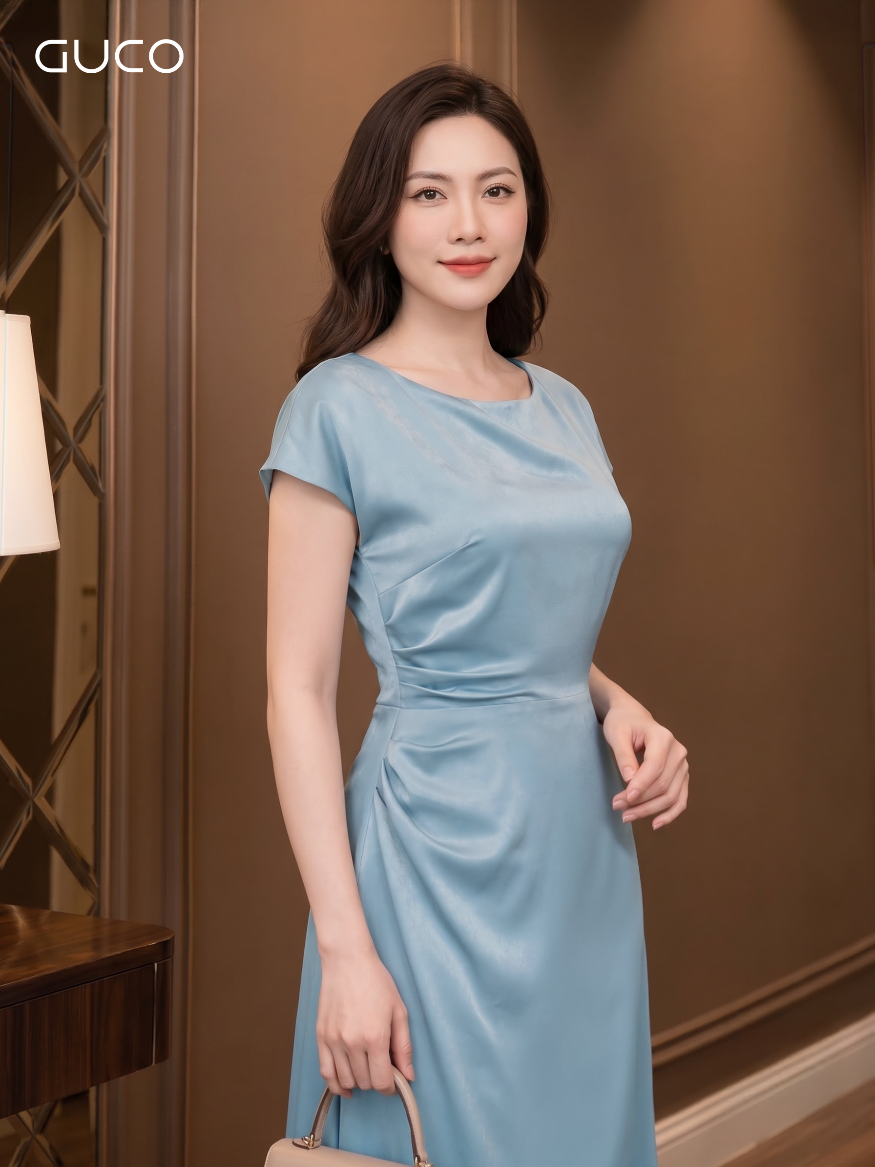 Đầm Dài Xanh Cổ Thuyền Xếp Nhún Eo - 5254_thumbnail_1