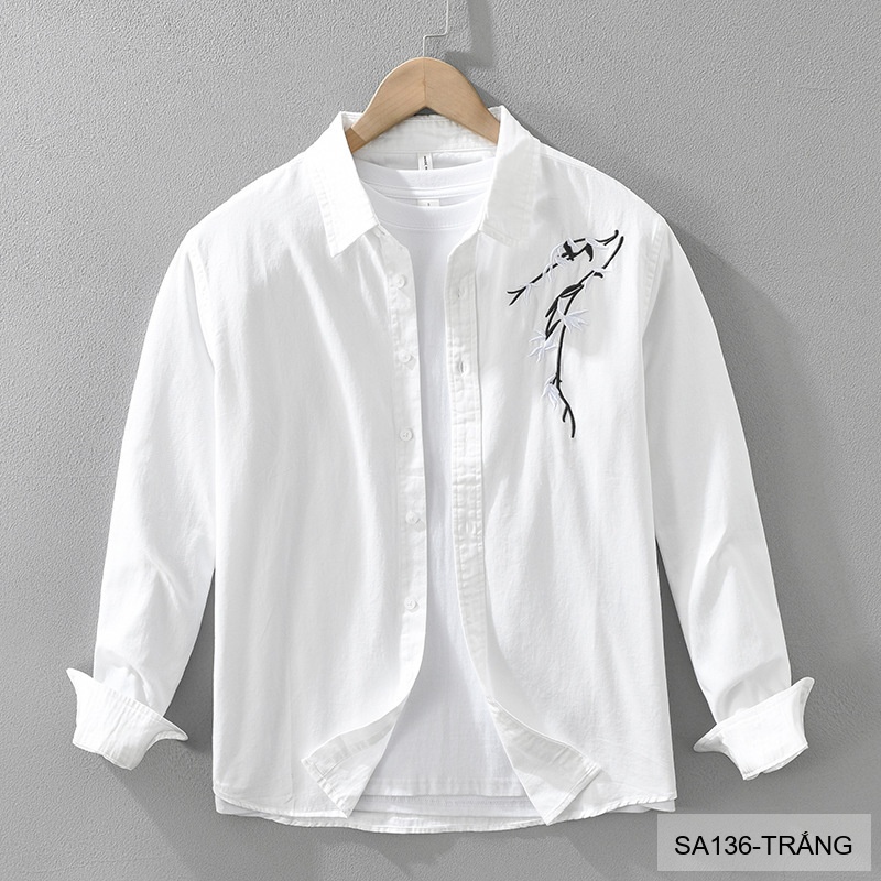 SA136 - Áo Sơ Mi Nam Tay Dài Phong Cách Trung Hoa Thêu Hoa Tinh Tế - Chất Cotton Mềm Mại_thumbnail_0