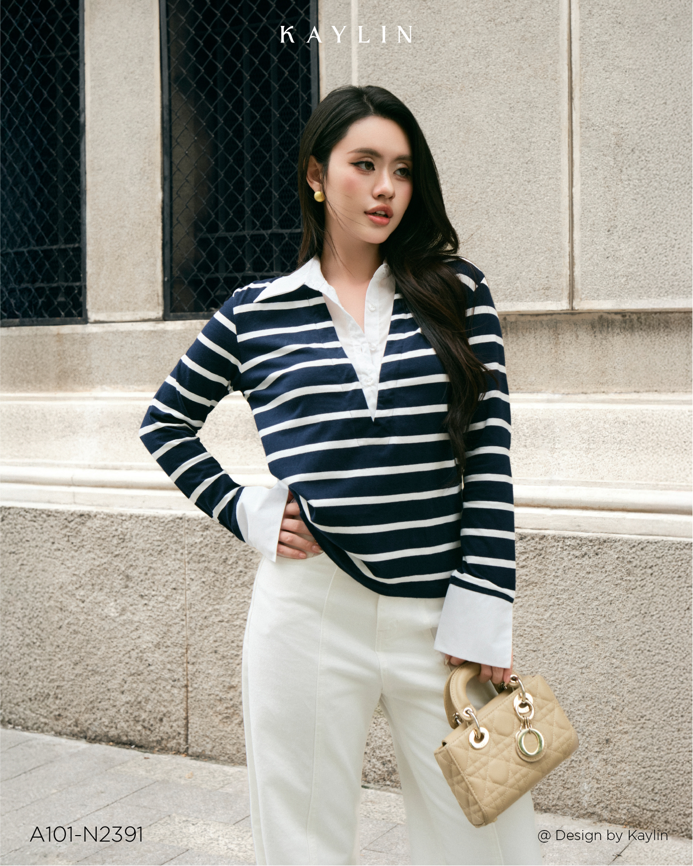 Áo Kiểu Cổ Somi Phối Thun Sọc Ngan KAYLIN Classic Top