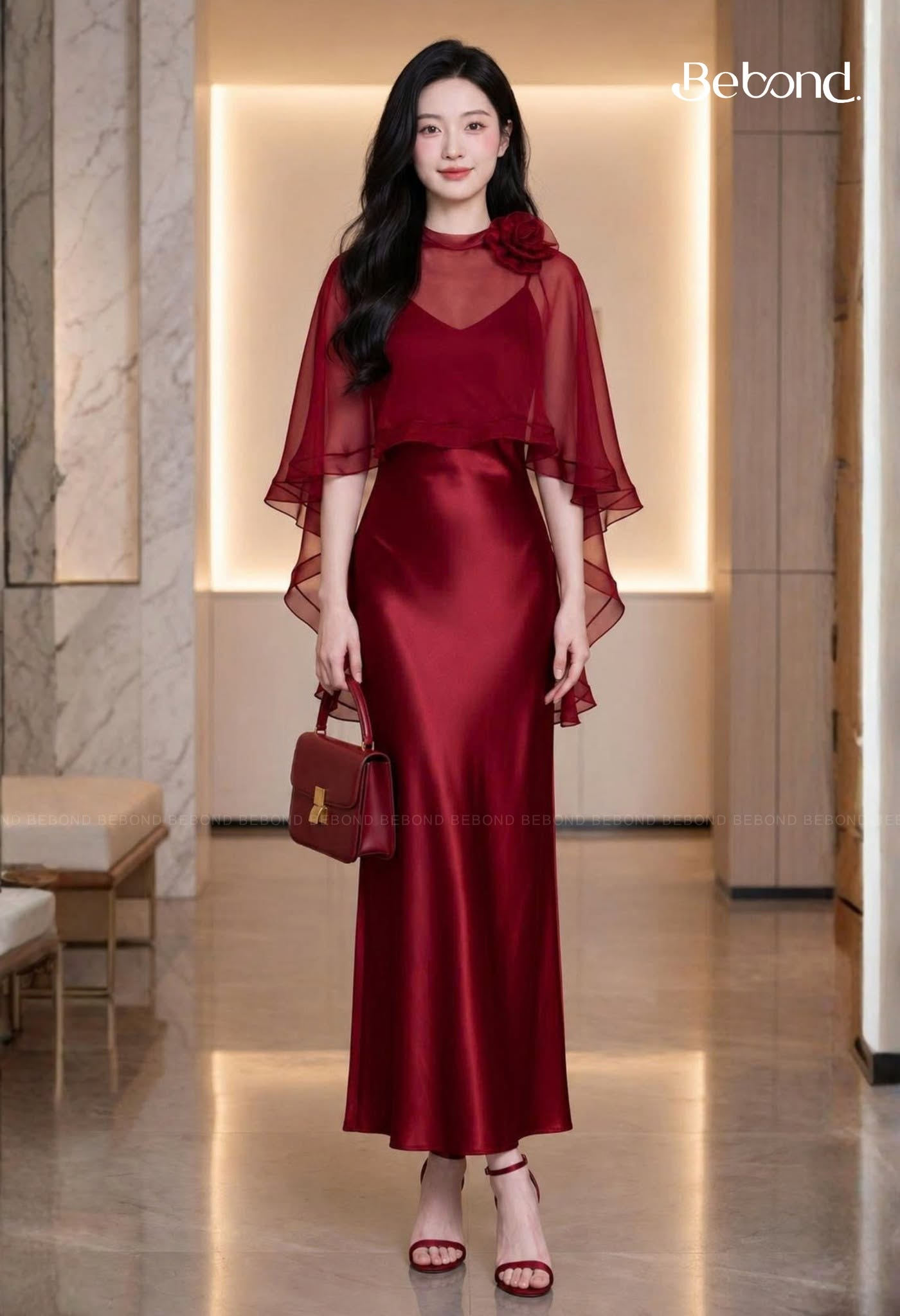 Váy dây lụa kèm choàng ANNIE màu ĐỎ