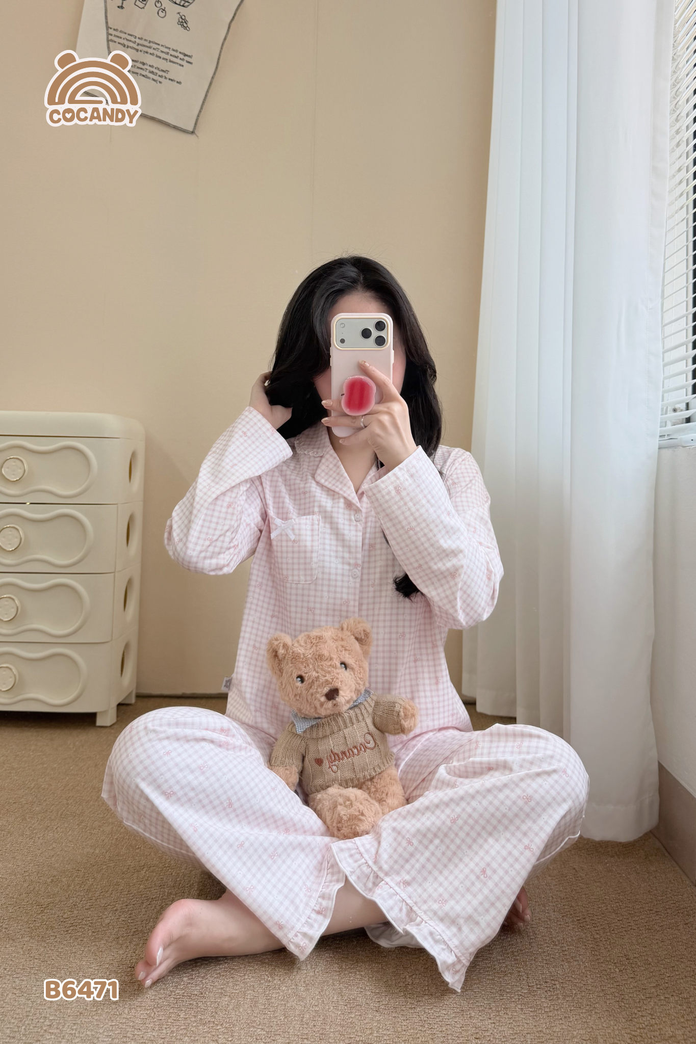 Bộ dài pijama HỒNG caro hoa nơ NỮ_thumbnail_1
