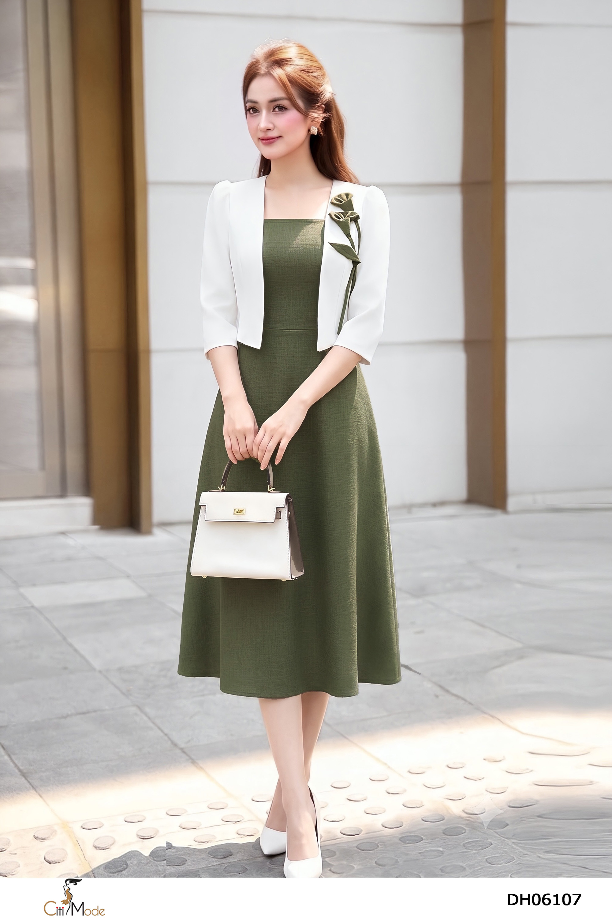 Đầm xòe giả set xanh rêu  phối trắng, cổ vuông tay lỡ_thumbnail_4