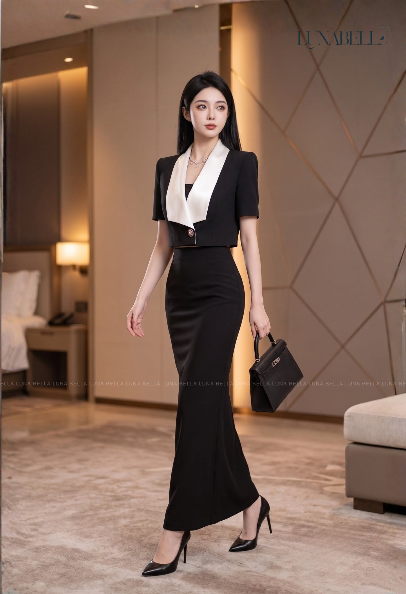 Set vest lưng và chân váy ôm dài VAREL màu ĐEN_thumbnail_1