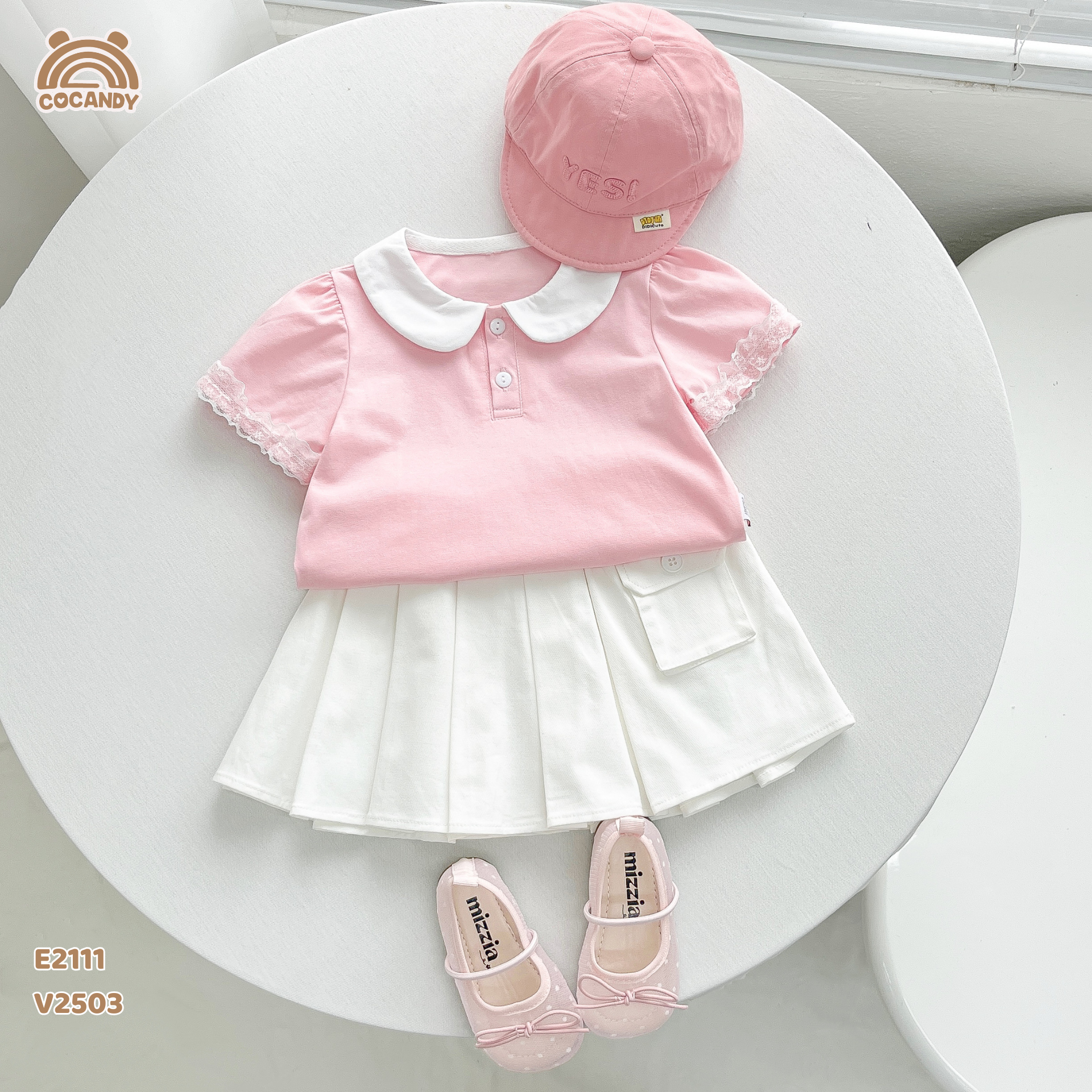 Áo cộc polo HỒNG tay nhún ren