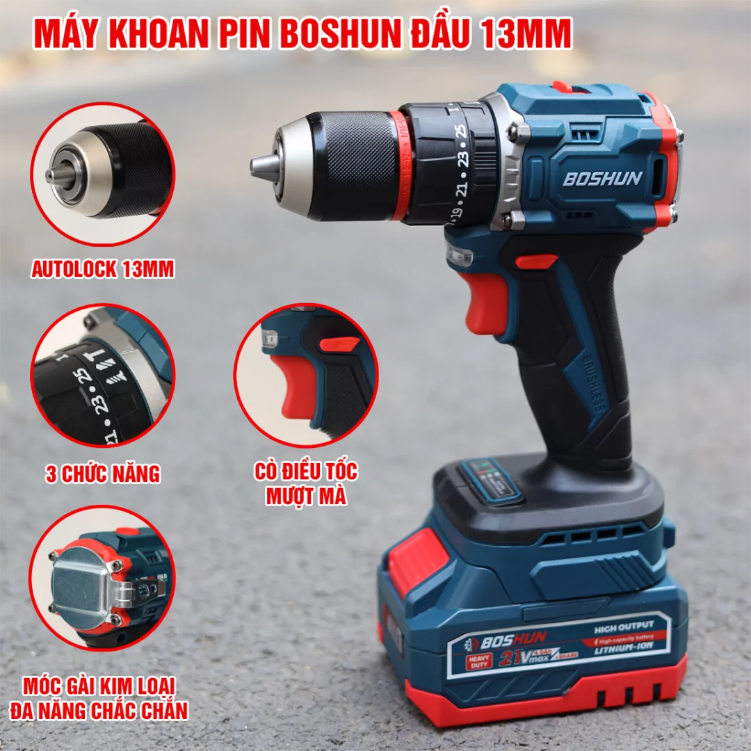 Máy Khoan Pin 13mm BOSHUN BS-ID1365BL – 3 Chức Năng Khoan Búa, Bắt Vít, Khoan Tường, Gỗ, Sắt – Động Cơ Không Chổi Than