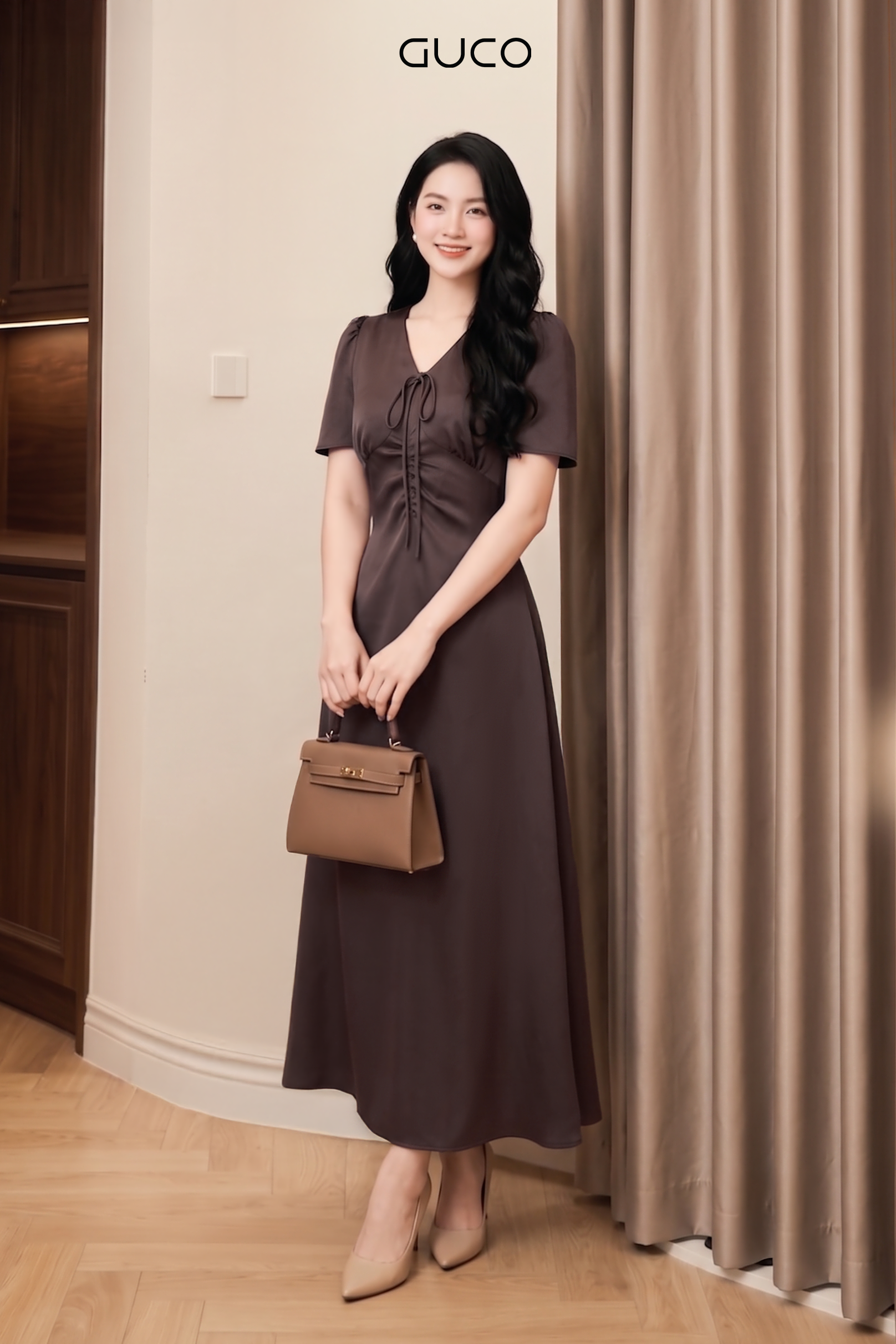 Đầm Nâu Dáng A Thắt Nơ Cổ V