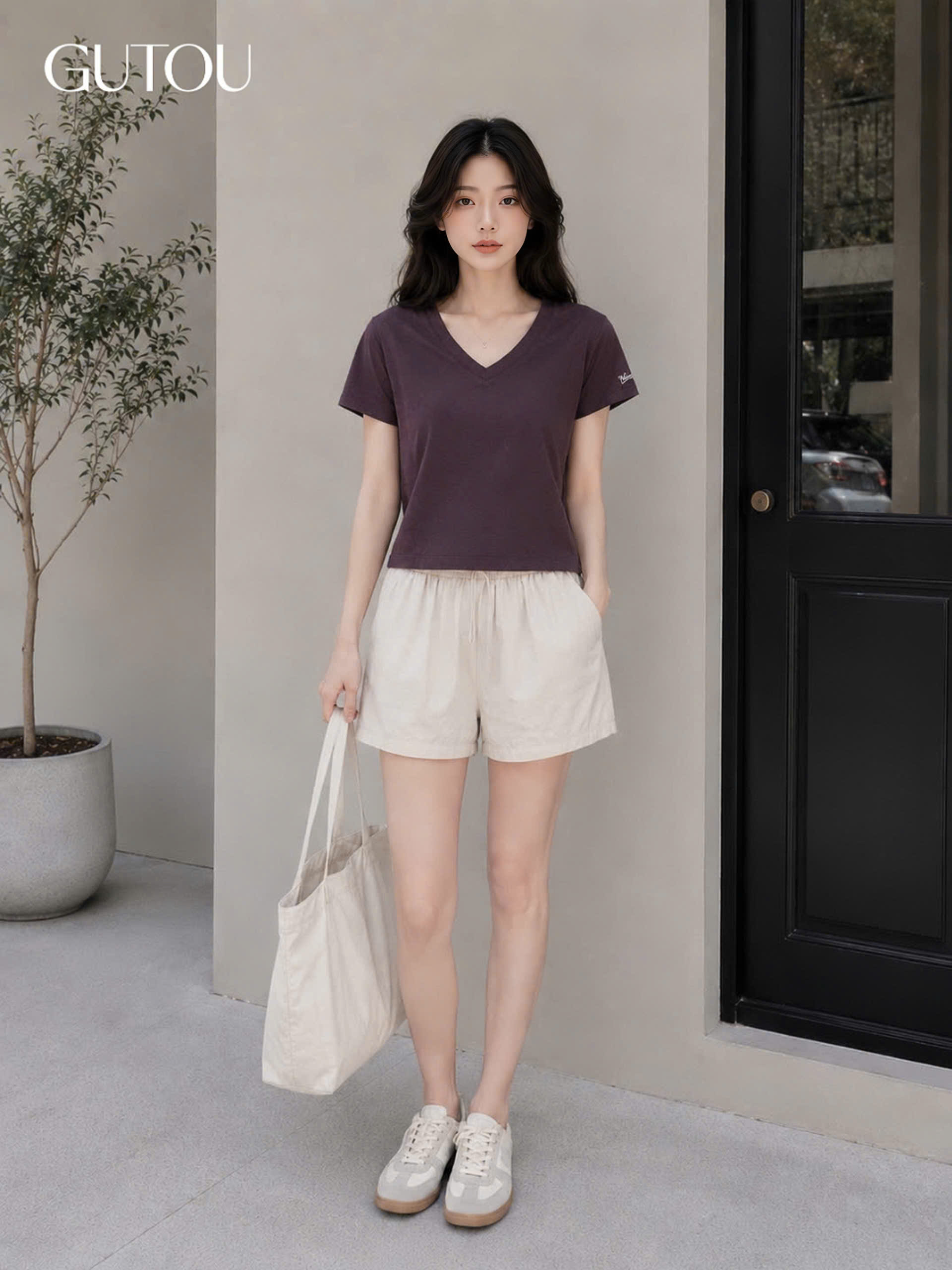 [ GUTOU ] Áo Thun Tay Ngắn Cổ V Tay Thêu Chữ Basic_thumbnail_6