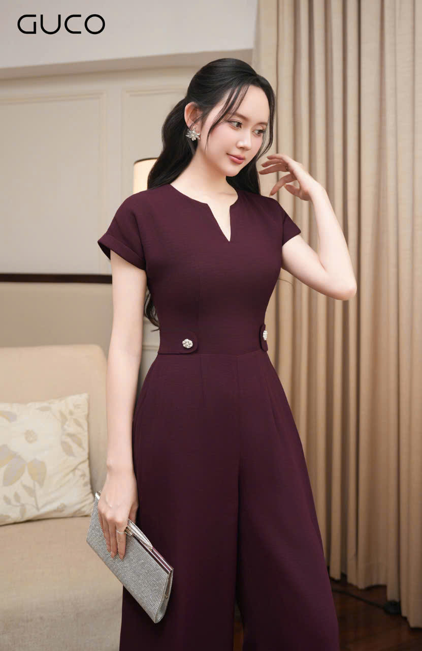 JUMPSUIT TAY DƠI CỔ V NHẤN NÚT - ĐÔ_thumbnail_4