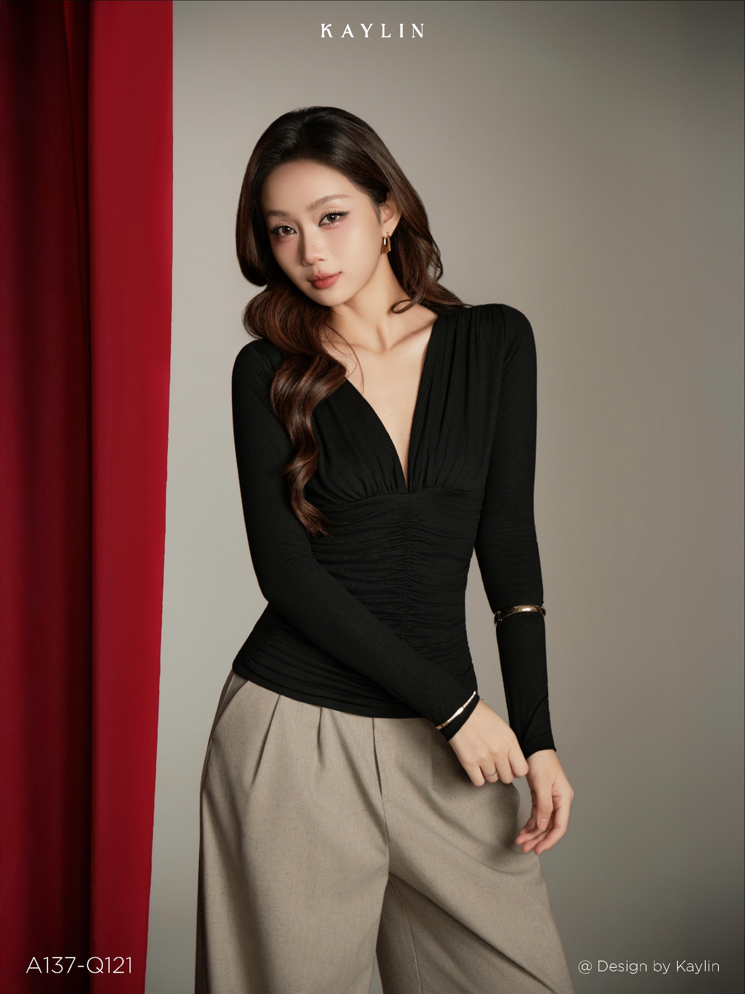 Áo Thun Tay Dài Cổ V Rút Nhún KAYLIN Velora Top