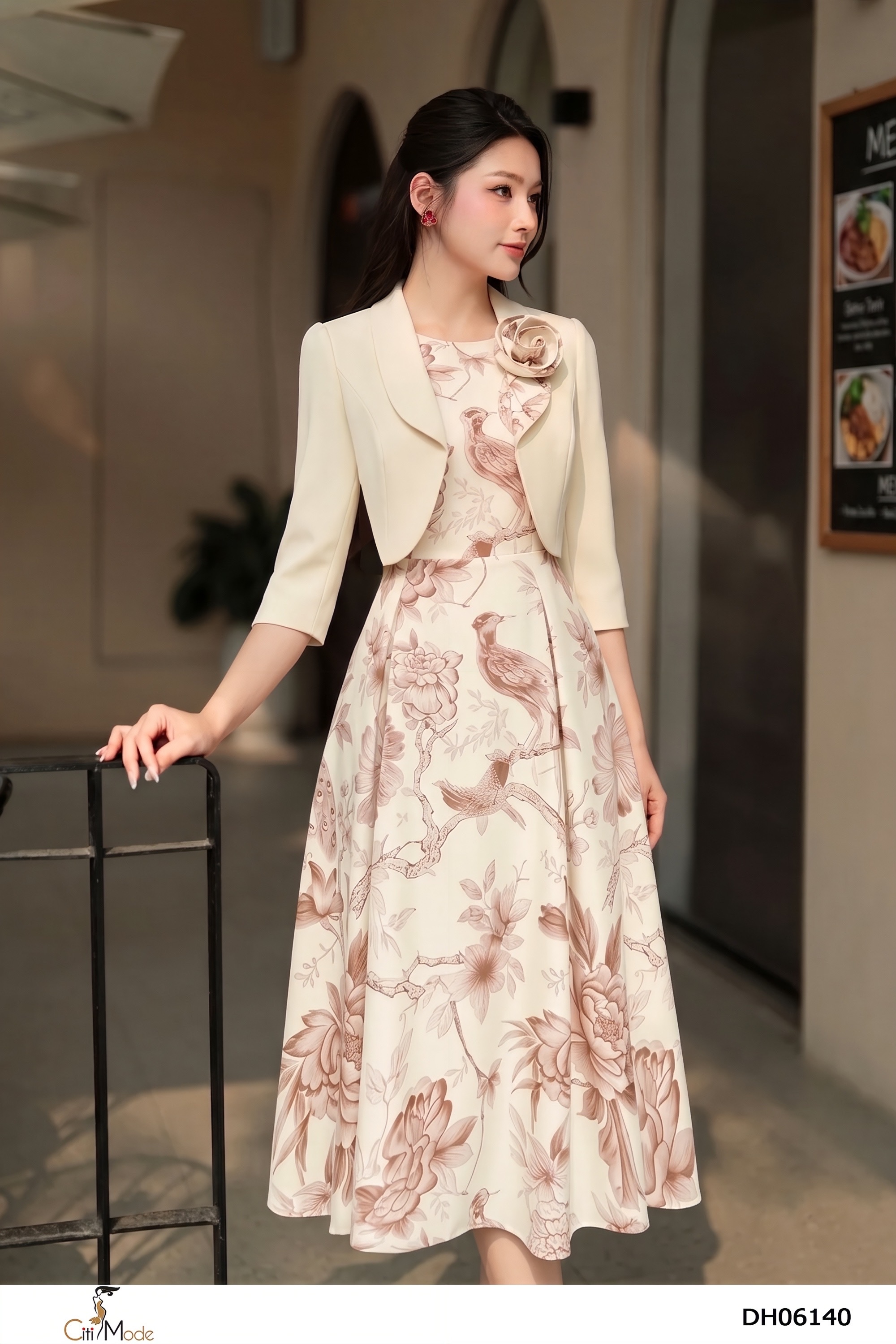 Đầm xòe hoa nâu giả set cổ tròn tay lỡ, đính hoa_thumbnail_2