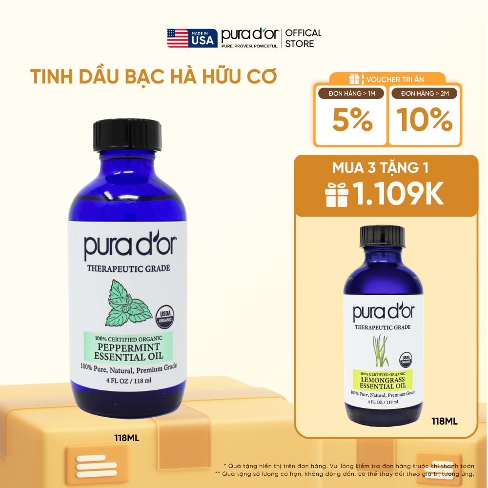 Tinh Dầu Bạc Hà Hữu Cơ Pura D'or Therapeutic Grade Peppermint Essential Oil 118ml