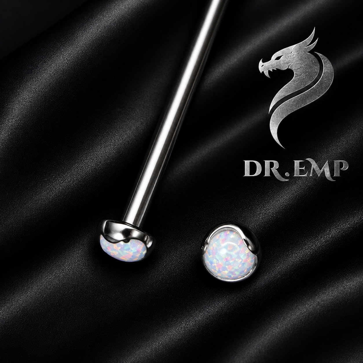 khuyên lưỡi titan đá opal trắng 3mm.