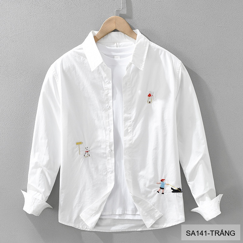 SA141 - Áo sơ mi nam phong cách Nhật Bản tay dài thêu họa tiết đáng yêu chất cotton trắng_thumbnail_0