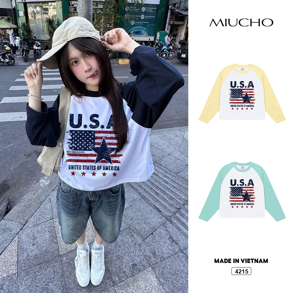 Áo thun boxy tay dài phối raglan chất đường phố Miucho 4215