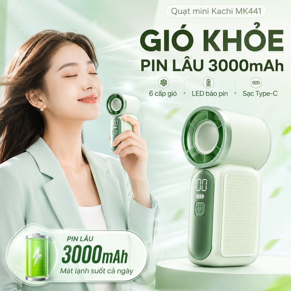 Quạt Cầm Tay Mini Kachi MK441 - Pin Khủng 3000mAh, Màn Hình LED Hiển Thị, 6 Cấp Độ Gió (Bảo Hành 18 Tháng)