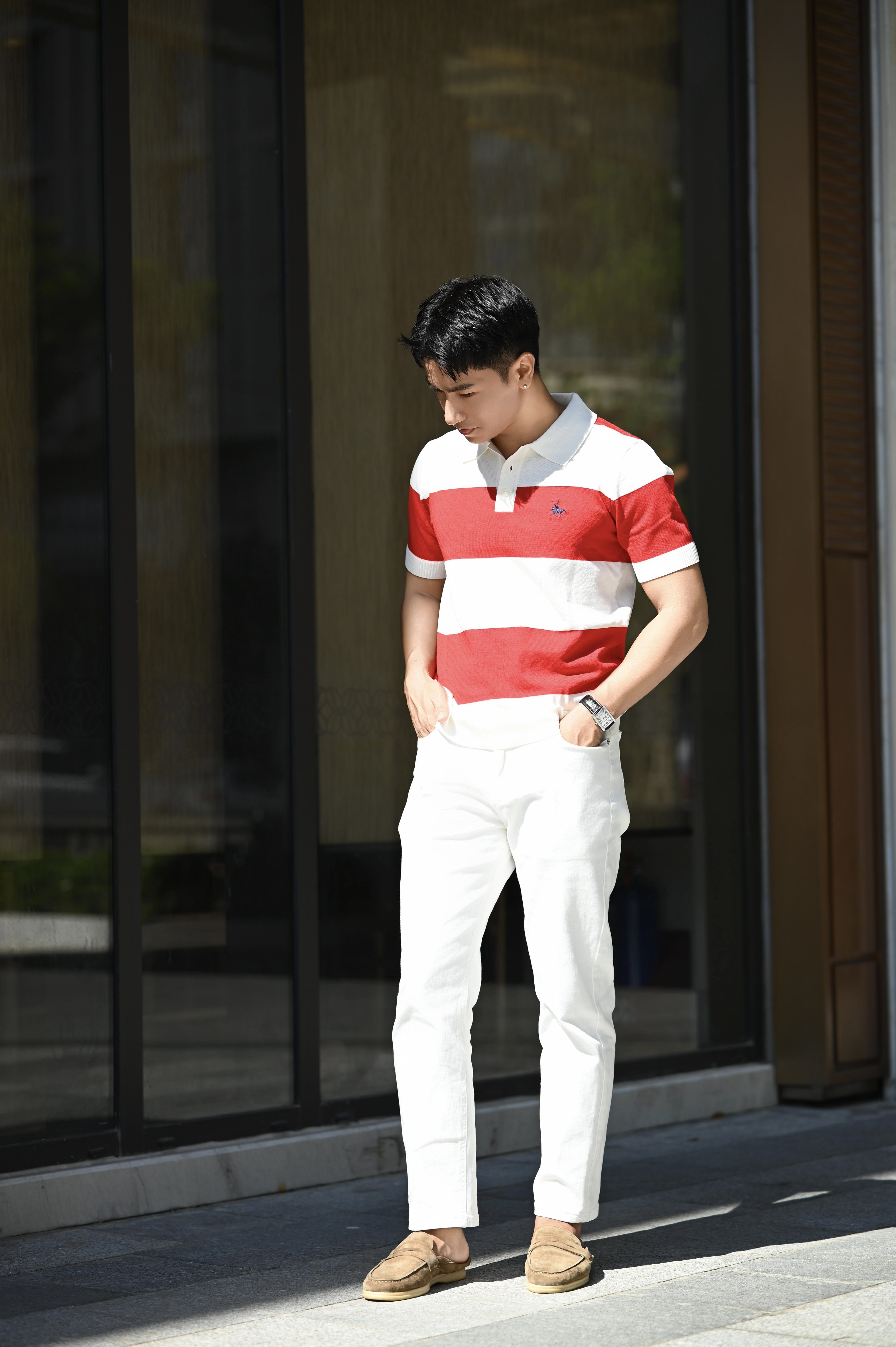 PB4 - Áo Polo Nam Tay Ngắn Slim Fit Phối Màu Đỏ Trắng, Thêu Logo Thời Trang Công Sở_thumbnail_2