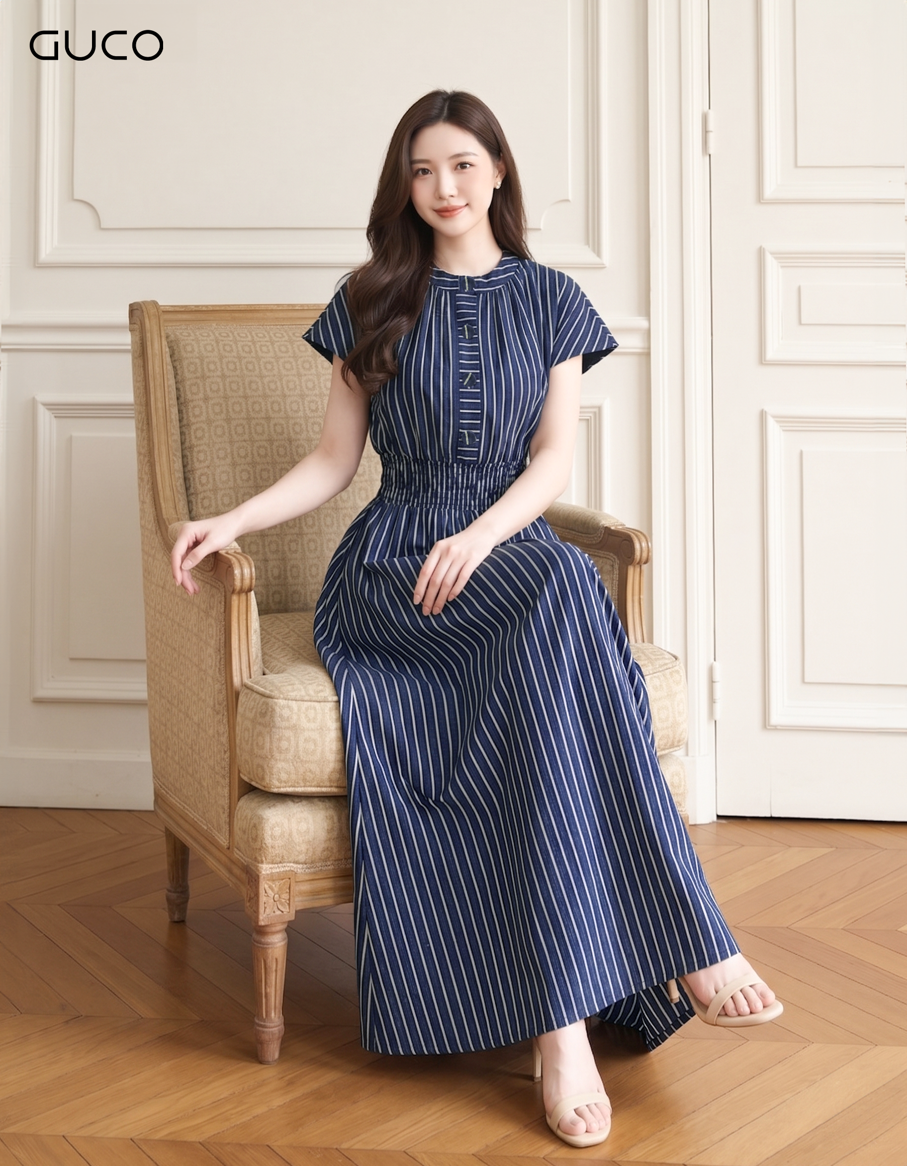GUCO Đầm Maxi Sọc Xanh Navy Thanh Lịch_thumbnail_1
