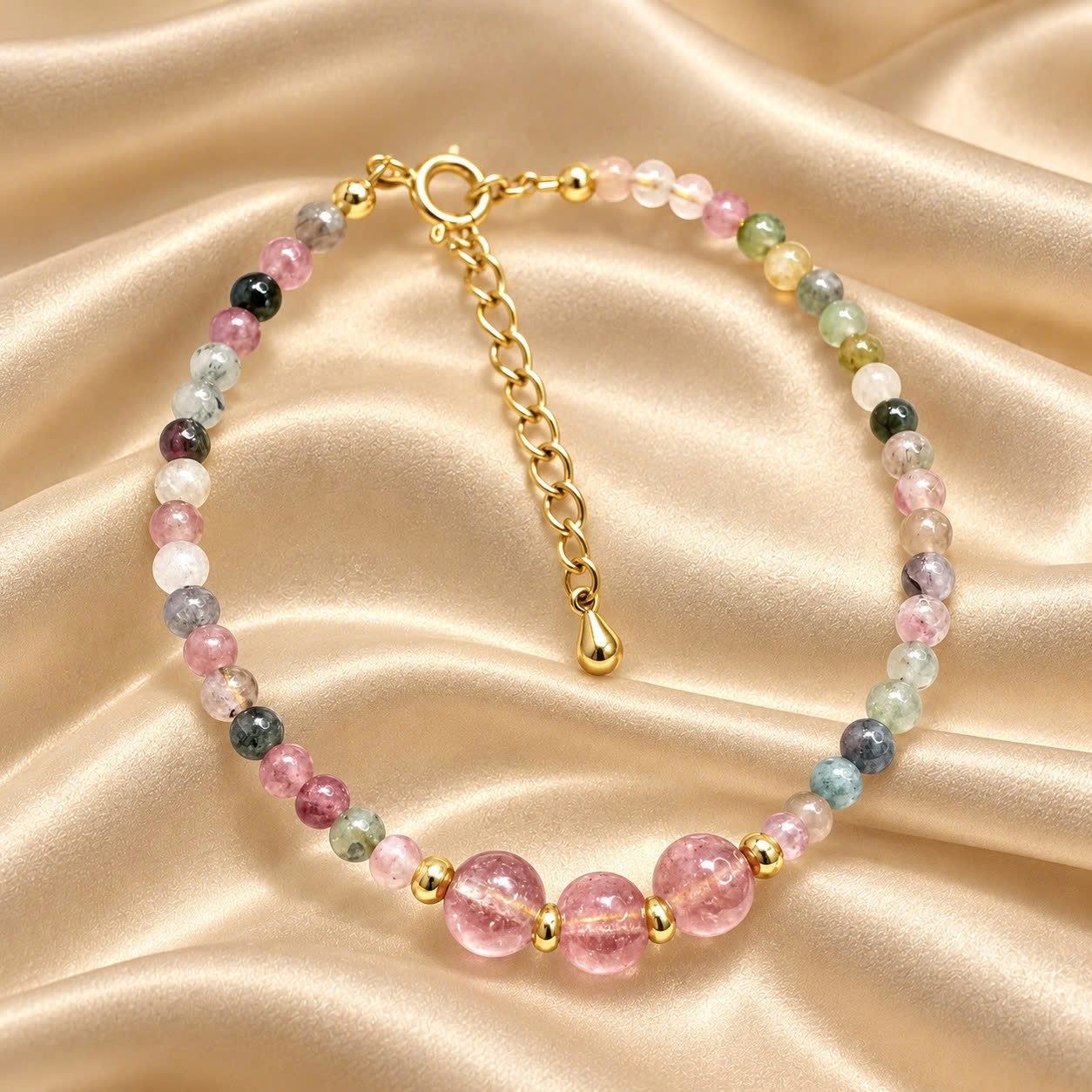 vòng tay phong thuỷ đá dâu tây mix tourmaline xích hợp kim