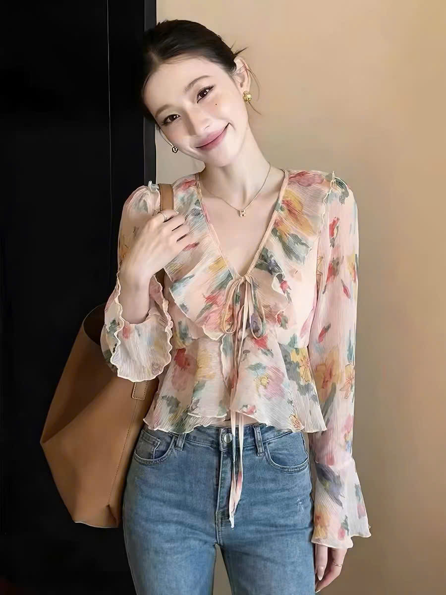 MS LW1003385- Áo voan hoa nữ cổ chữ V phối bèo nhún 