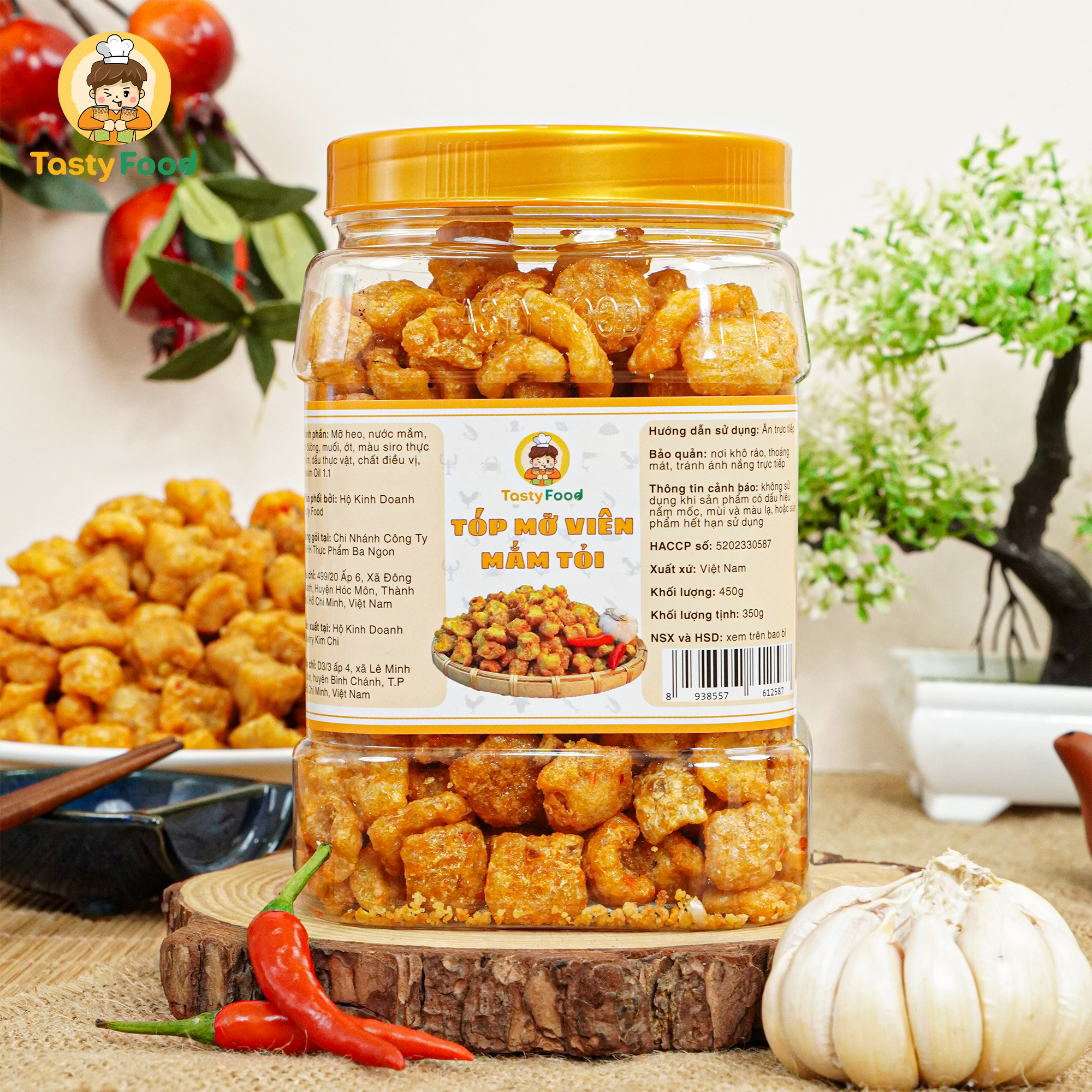 Tóp mỡ mắm tỏi viên giòn Tasty Food - Hũ vuông 450g