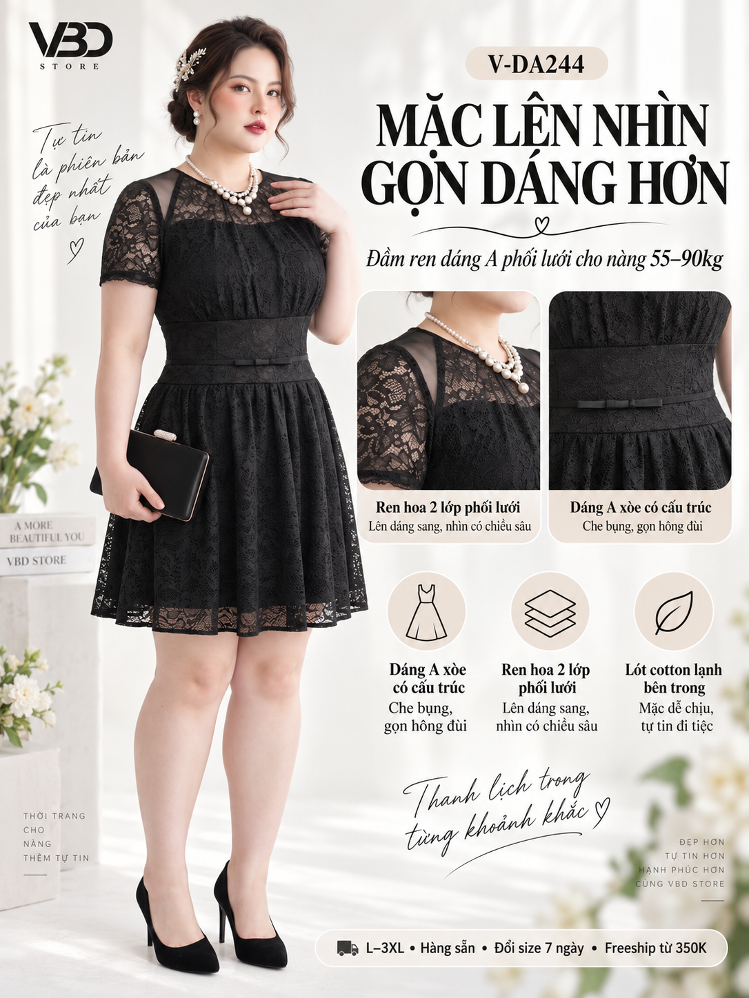 V-DA244 on the model with a mesh neckline and a flared waist.