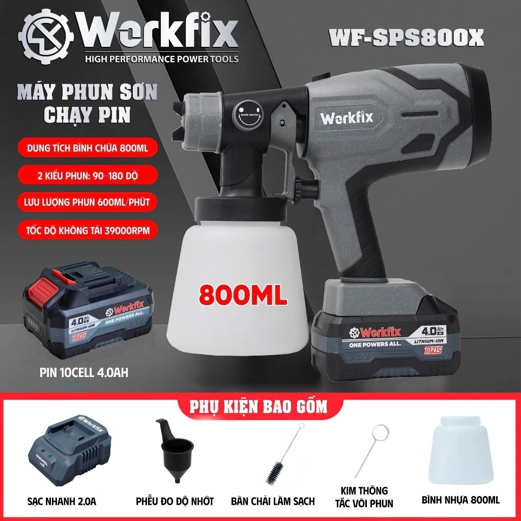 Máy Phun Sơn Pin WORKFIX WF-SPS800X – Máy Phun Sơn Cầm Tay 800ml, 2 Chế Độ Phun