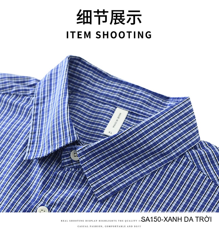 SA150 - Áo sơ mi nam kẻ caro phong cách Nhật Bản, tay dài, form rộng thoải mái màu xanh da trời_thumbnail_13