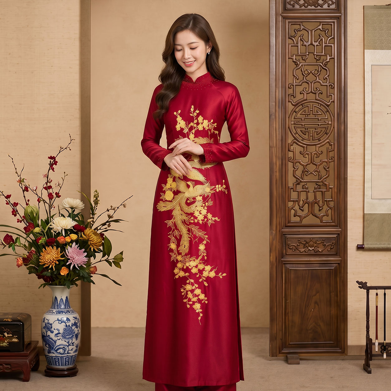 Áo Dài Mẹ Cô Dâu Chú Rể Thêu Song Phụng Vàng Sang Trọng Chất Ruby Cao Cấp AM26-17