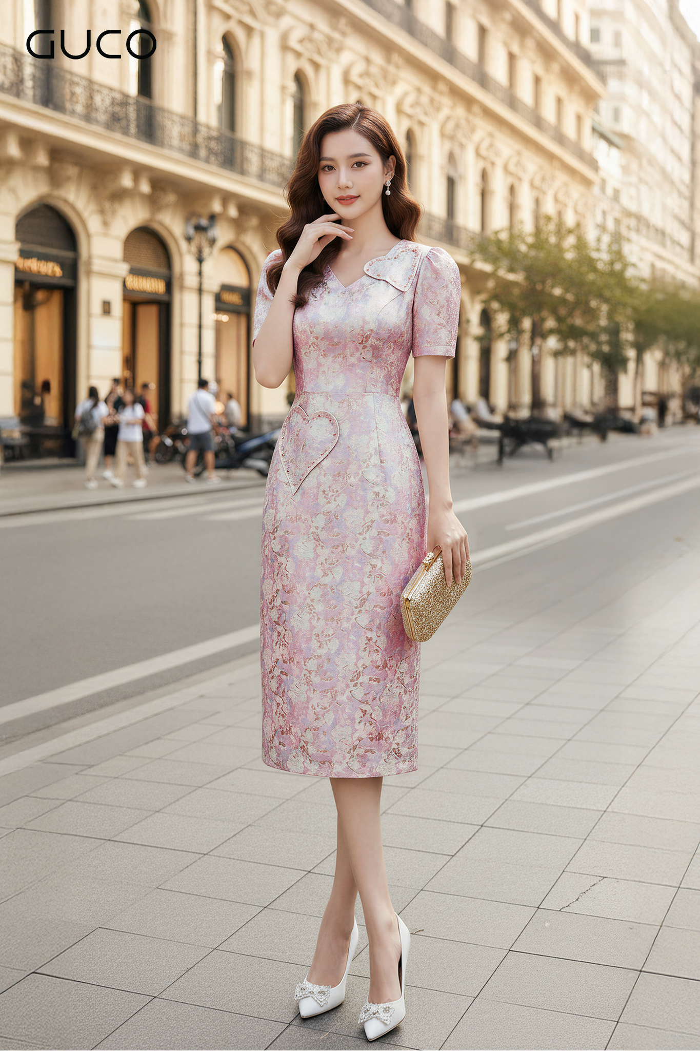 ĐẦM GẤM HOA DỰ TIỆC ĐÍNH ĐÁ TRÁI TIM - HỒNG
