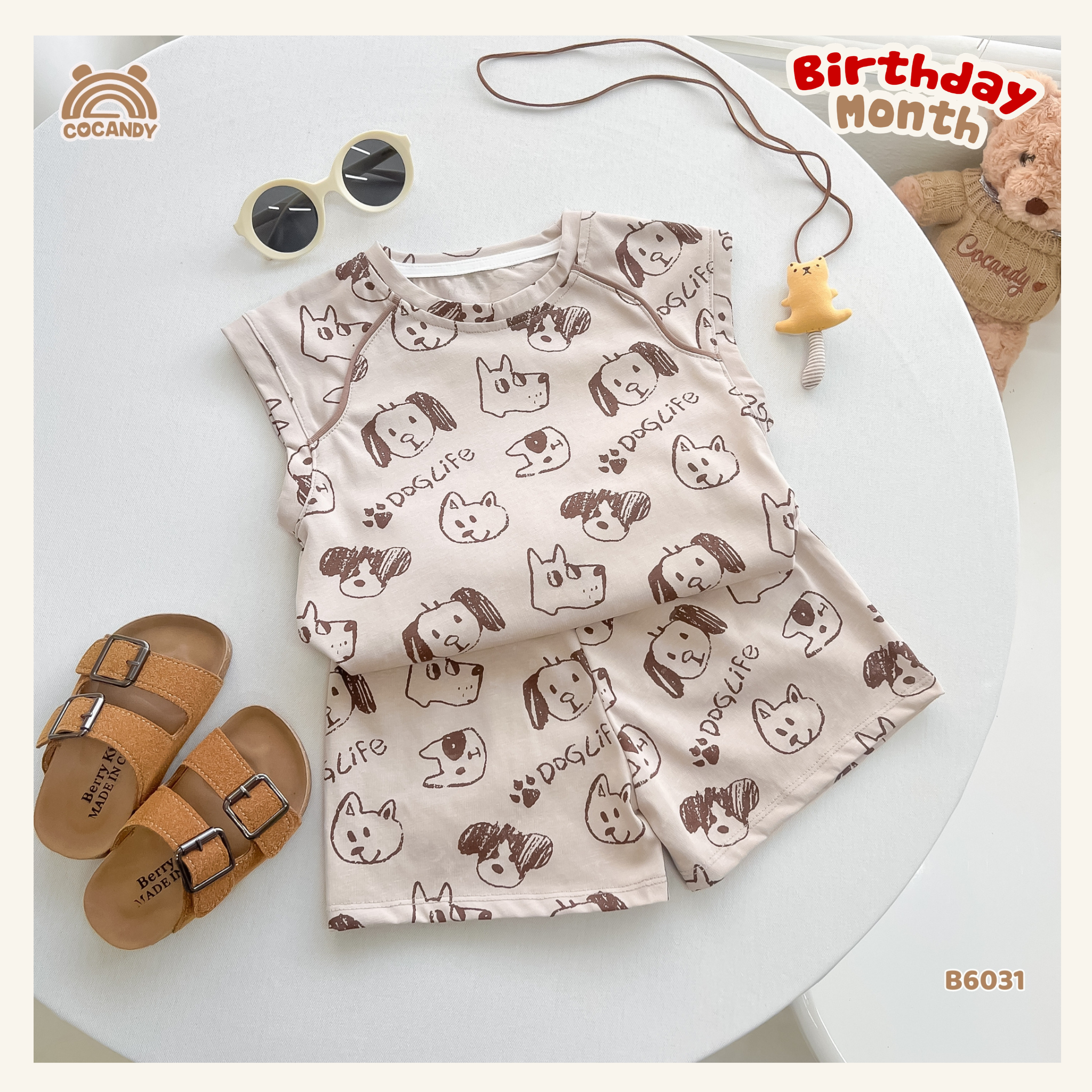Bộ sát nách cotton NÂU hình cún