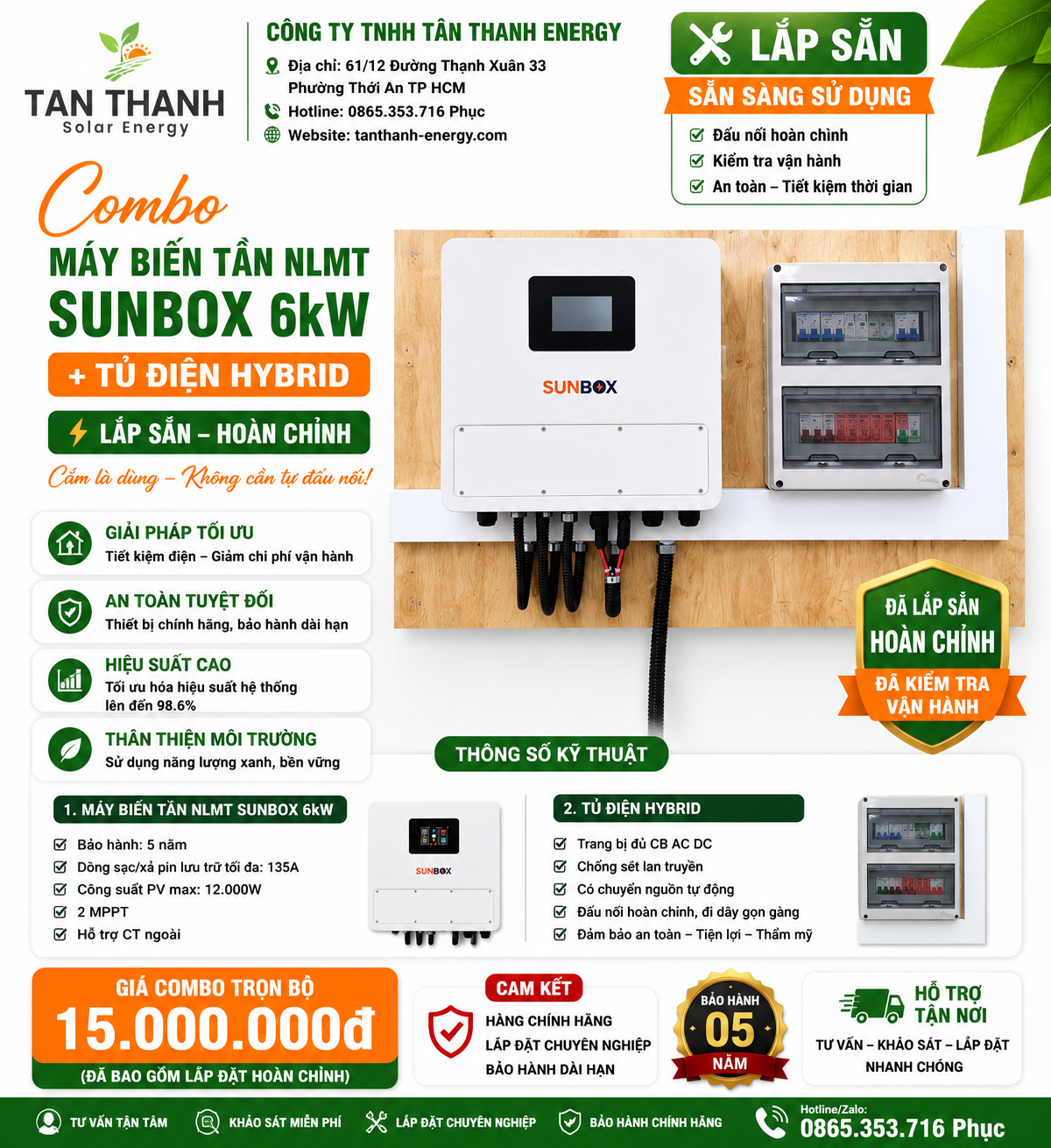 COMBO Máy Biến Tần NLMT SUNBOX 6kW + Tủ Điện Hybrid Lắp Sẵn
