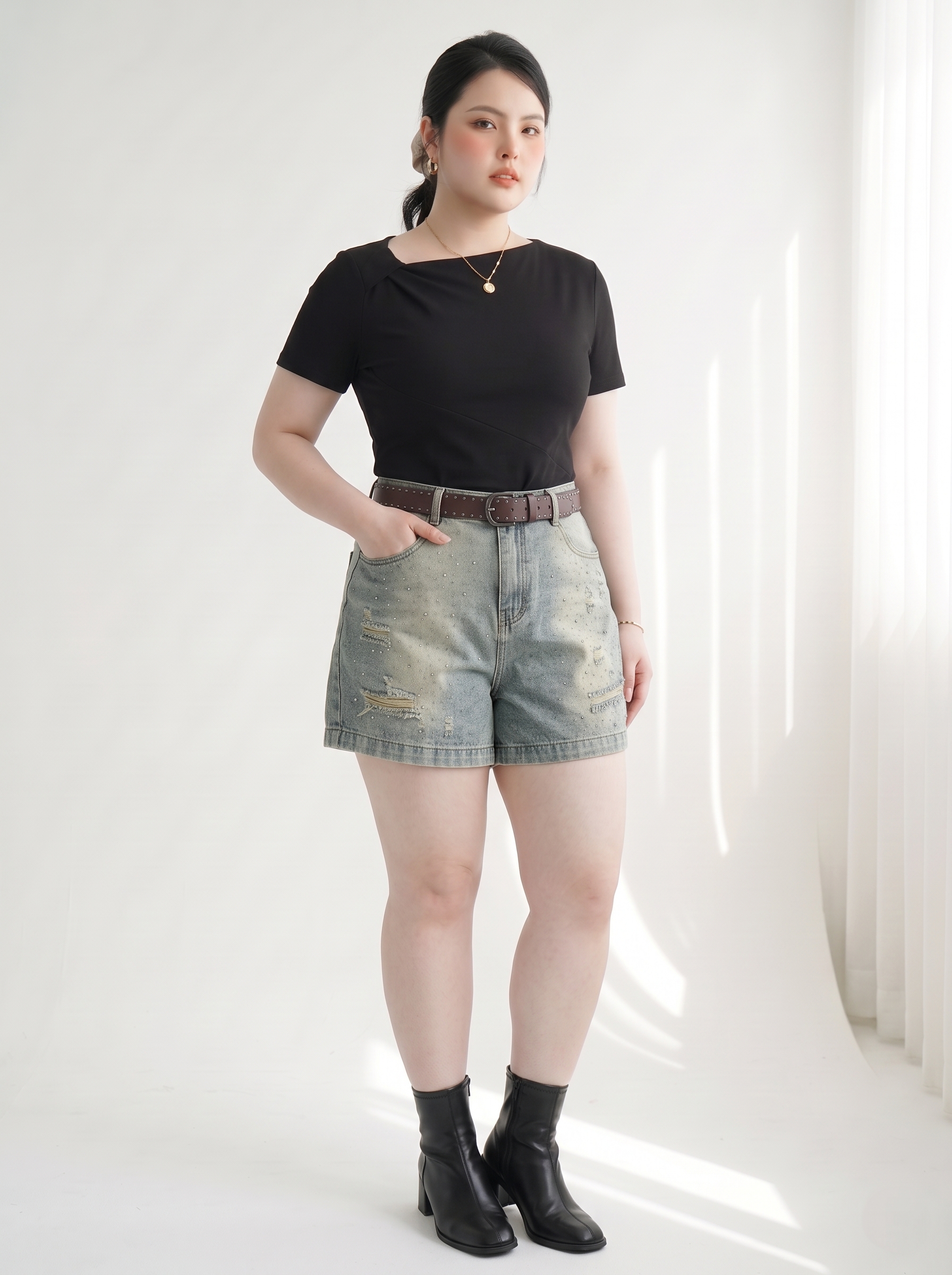 Quần Short Jean Lửng Ép Đá Bigsize Lưng Thun Sau - Đen, Trắng, Xanh Nhạt, Xanh Đậm - Vừa 55–90kg - T-QSJ75_thumbnail_4