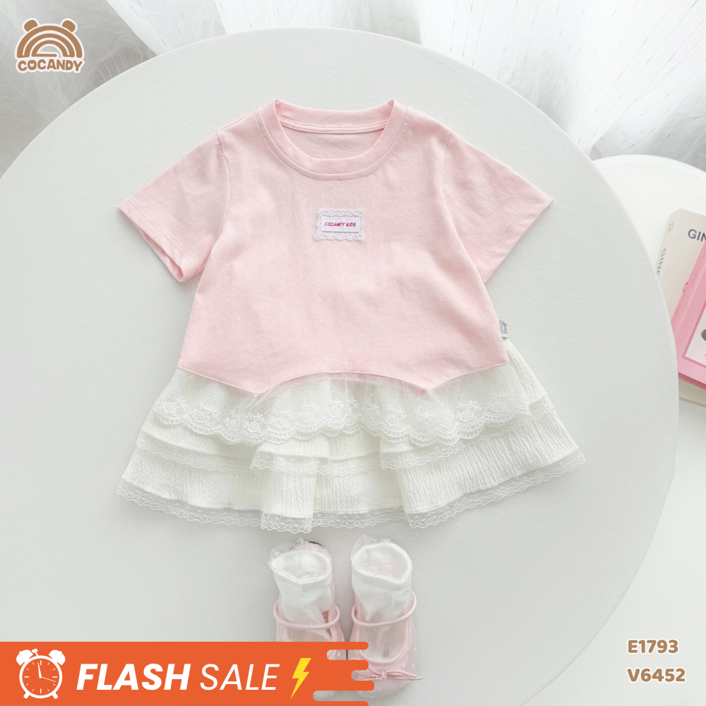 Áo cộc cotton HỒNG phối bèo ren gấu