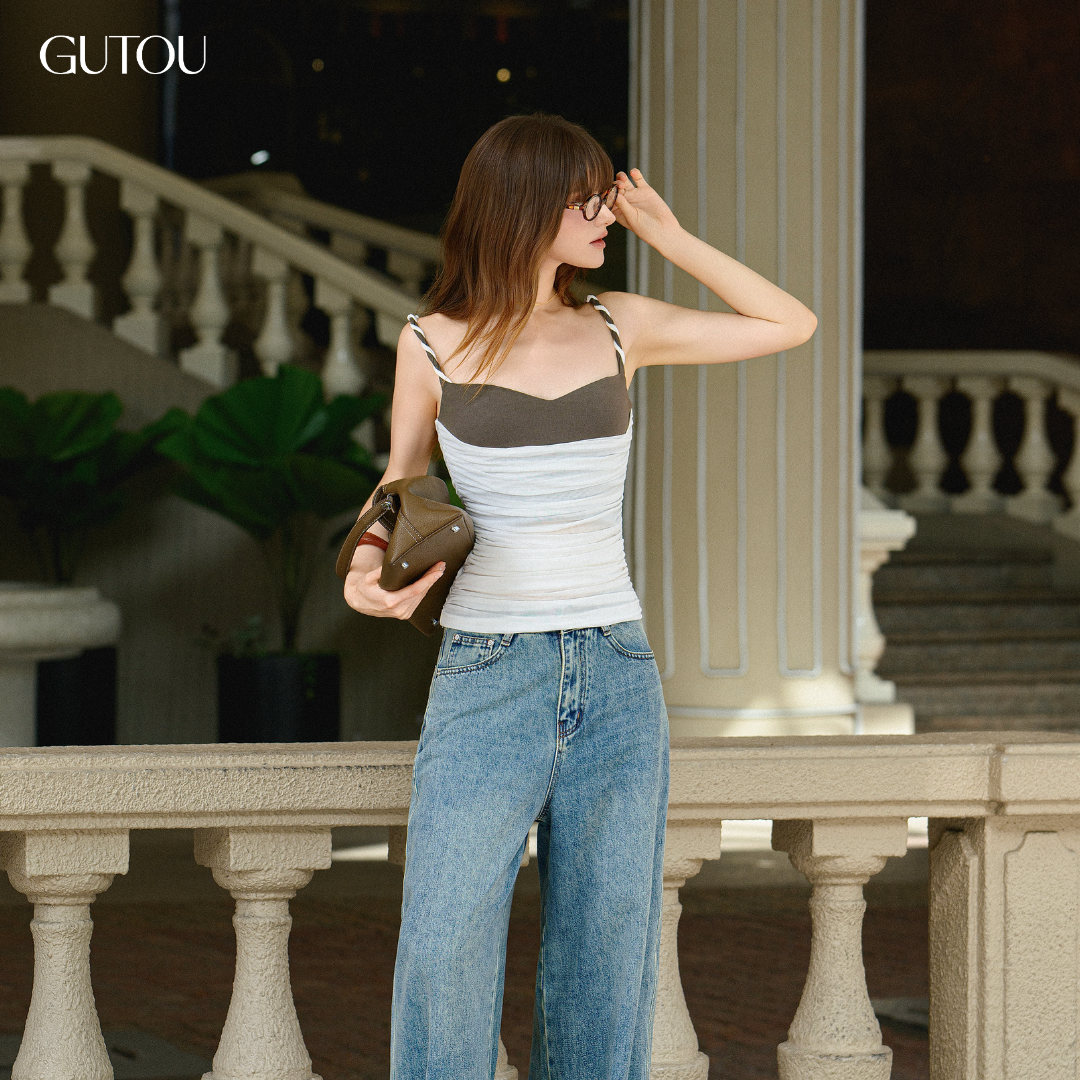 [ GUTOU ] Áo Xoắn Dây Ôm Body Rút Nhún Sườn Phối Xanh Cúp Ngực
